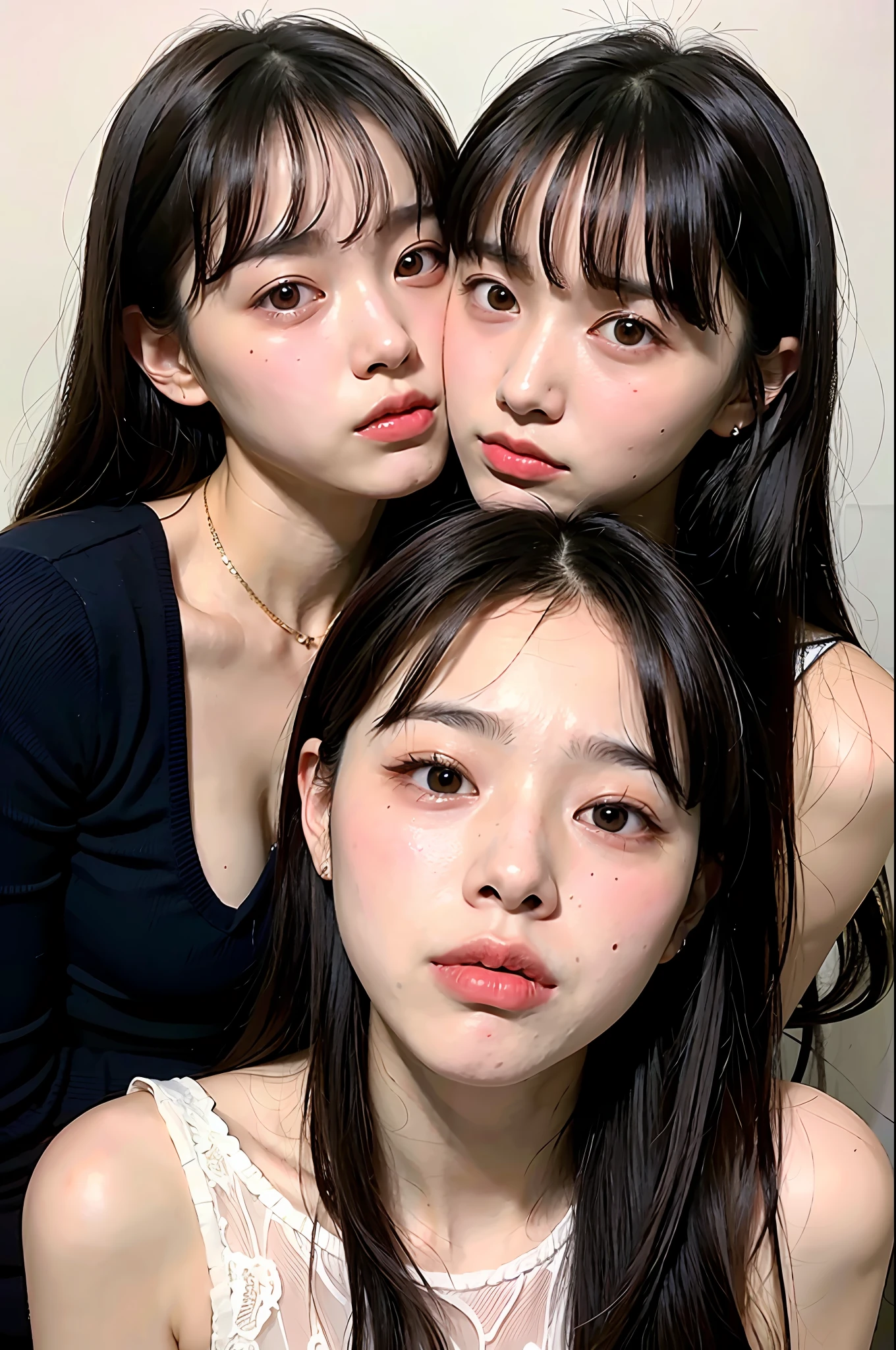 Identical twin sisters, 16 years old, bangs, crying face, kissing