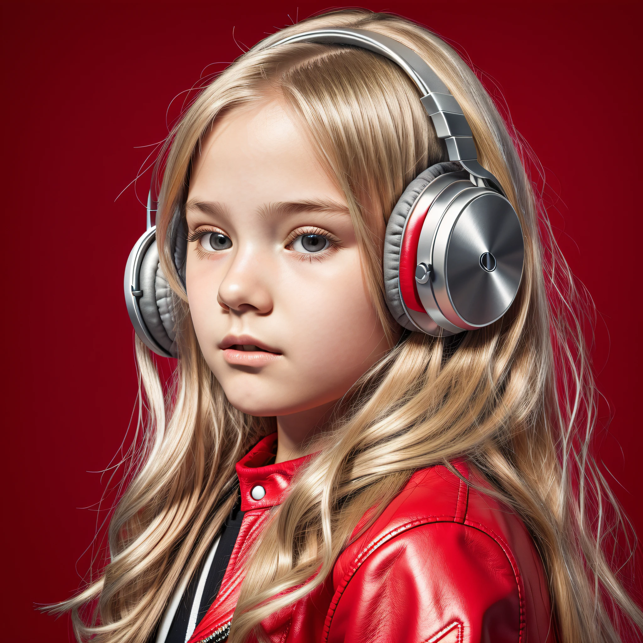 GIRL  , RUSSIAN BLONDE long hair and headphones , portrait , SILVER LEATHER JACKET, red background. --auto --s2