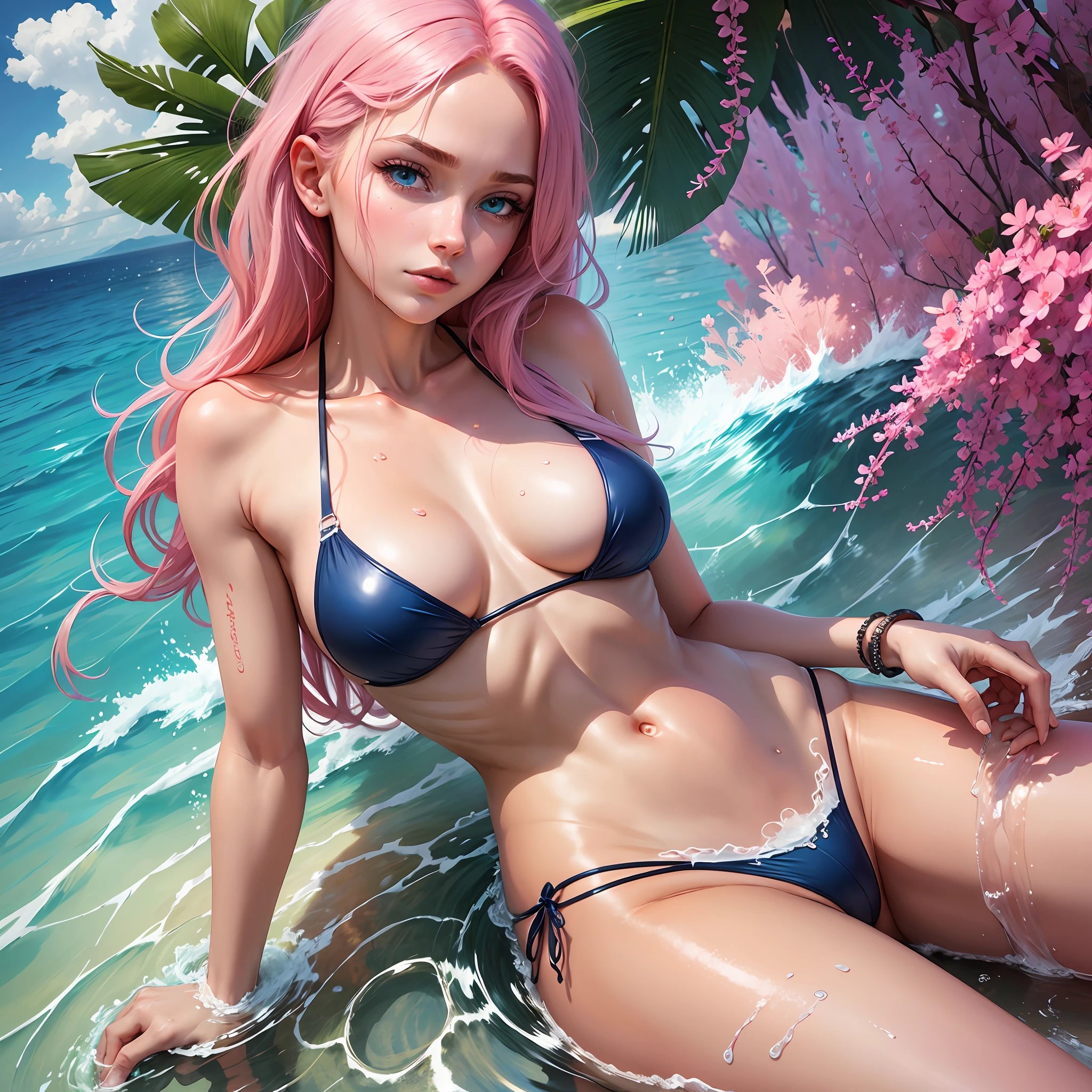 1girl, pink hair, blue eyes, bikini, water --auto --s2