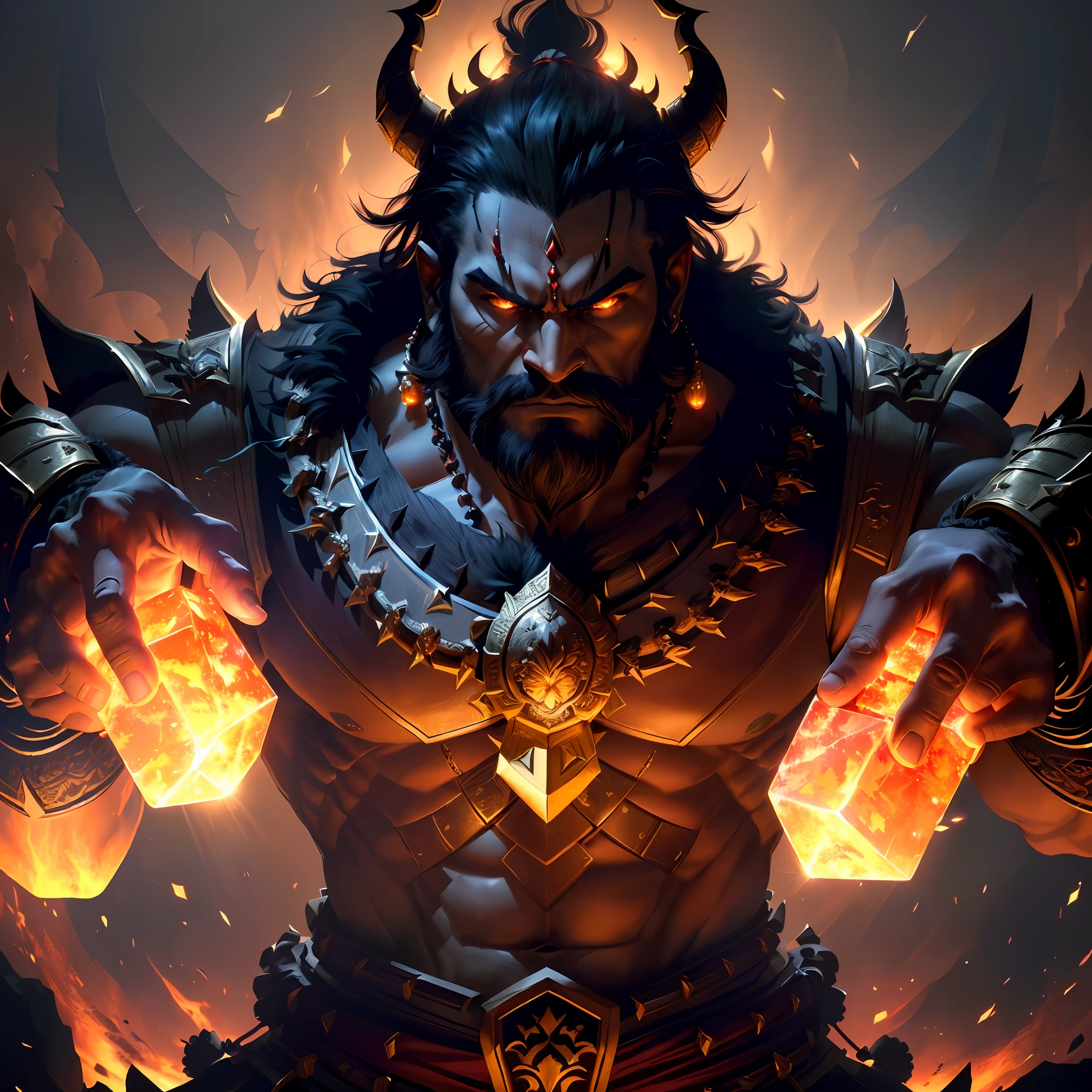 8k rendered digital illustration of the fierce-looking warrior Demon King Ravana with 10 faces swinging his twenty arms in air possessing extremely powerful devine and demonic weapons, wearing Indian king's red-green attire with gold jewellery and gold armour in a dark universe, a mild burning hellish environment giving the scene a dark atmosphere but sculpting the forms in sharp chiaroscuro), it is night time, (highly detailed skin), (detailed face), detailed background, dark lighting, twilight lighting, volumetric lighting, intricate details, UHD, extremely detailed masterpiece, intricate details, (Highest quality:1.3), cinematic shot, masterpiece, (sharp focus:1.5), (photorealistic:1.3), muscular body, hairy chest, body builder, (detailed face), detailed background, depth of field, (dark lighting:1.3), dramatic lighting, twilight lighting, volumetric shadows, highly detailed, intricate details, 8k, UHD, HDR, trending on Artstation, Award wining, epic art