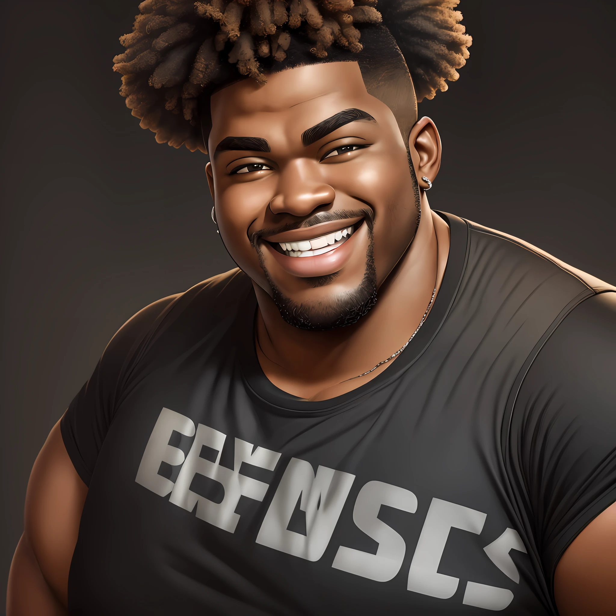 realistic portrait of 28 year old obese African American, dark skin color, heavy style, cute smile, big muscles, wearing tank top, black pants and black shoes, current fashion, African military style haircut, dark lighting background, close-up, detailed facial details, perfect face, sharp, sharp facial details, hyper exquisite details --auto --s2