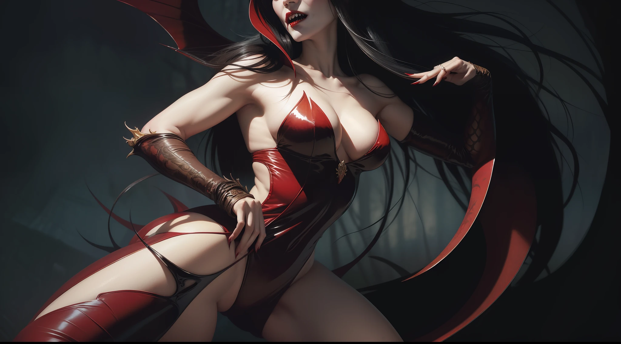 award-winning photo from the waist up, ((vampirella)) with fangs, hyper-realism, strong impressionist painting style, 1,618, elegant, ethereal, intricate, elaborate, hyper-realism, hyper-detailed, strong expressiveness and emotionality, style of Jose Gonzalez, Frank Frazetta, Gerald Brom, cinematic lighting, visual clarity