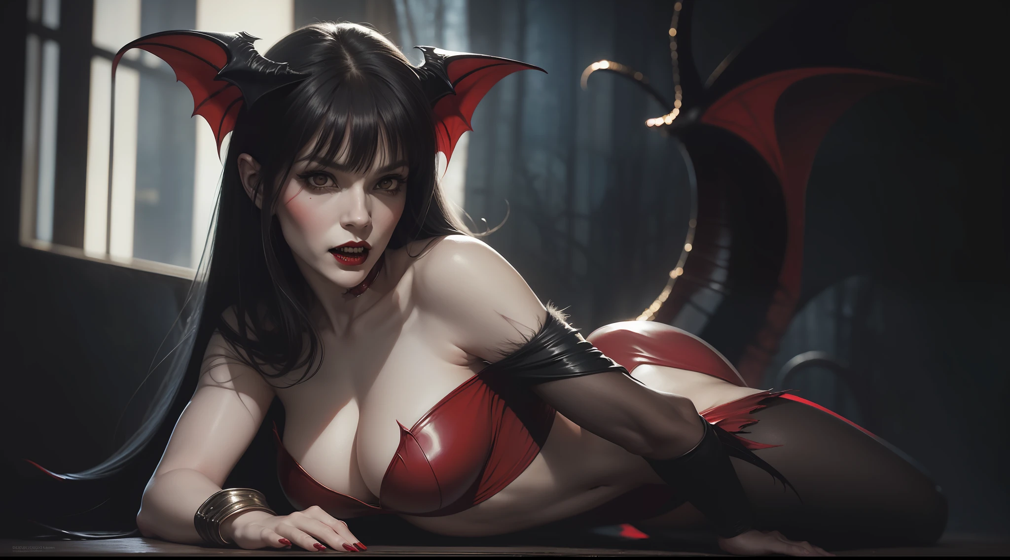 award-winning photo from the waist up, ((vampirella)) with fangs, hyper-realism, strong impressionist painting style, 1,618, elegant, ethereal, intricate, elaborate, hyper-realism, hyper-detailed, strong expressiveness and emotionality, style of Jose Gonzalez, Frank Frazetta, Gerald Brom, cinematic lighting, visual clarity