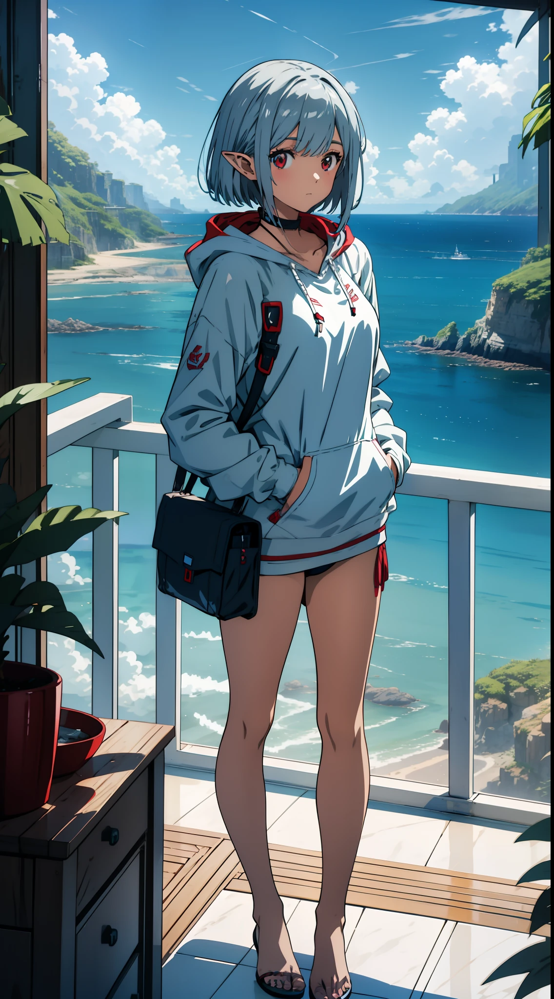 seaside city, overlooking the sea, one girl closeup, swimsuit, bikini, hoodie, elf, silver hair, red eyes, bob cut, concept art, official art, beautiful anime scene, beautiful anime landscape, anime landscape