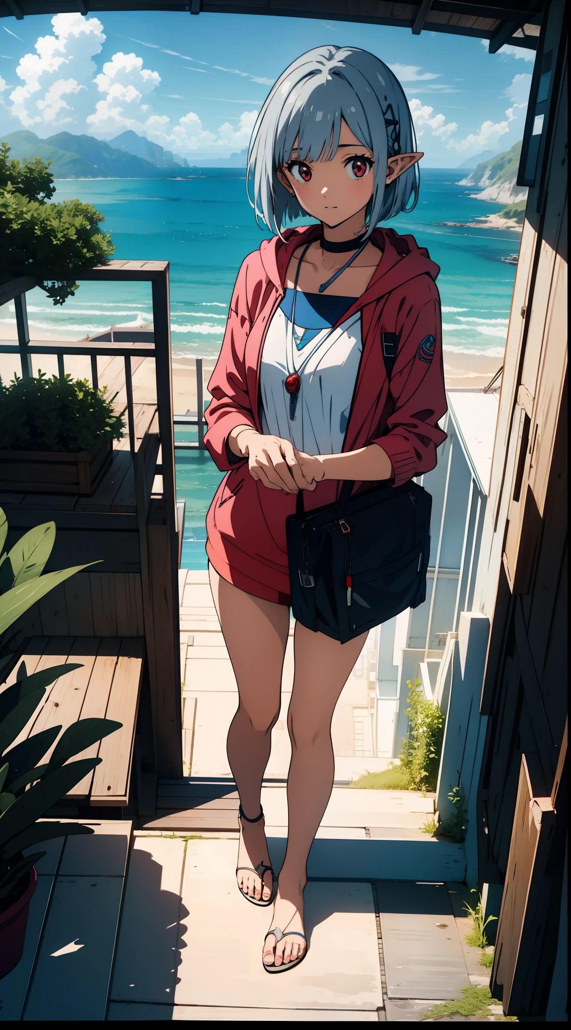 seaside city, overlooking the sea, one girl closeup, swimsuit, bikini, hoodie, elf, silver hair, red eyes, bob cut, concept art, official art, beautiful anime scene, beautiful anime landscape, anime landscape