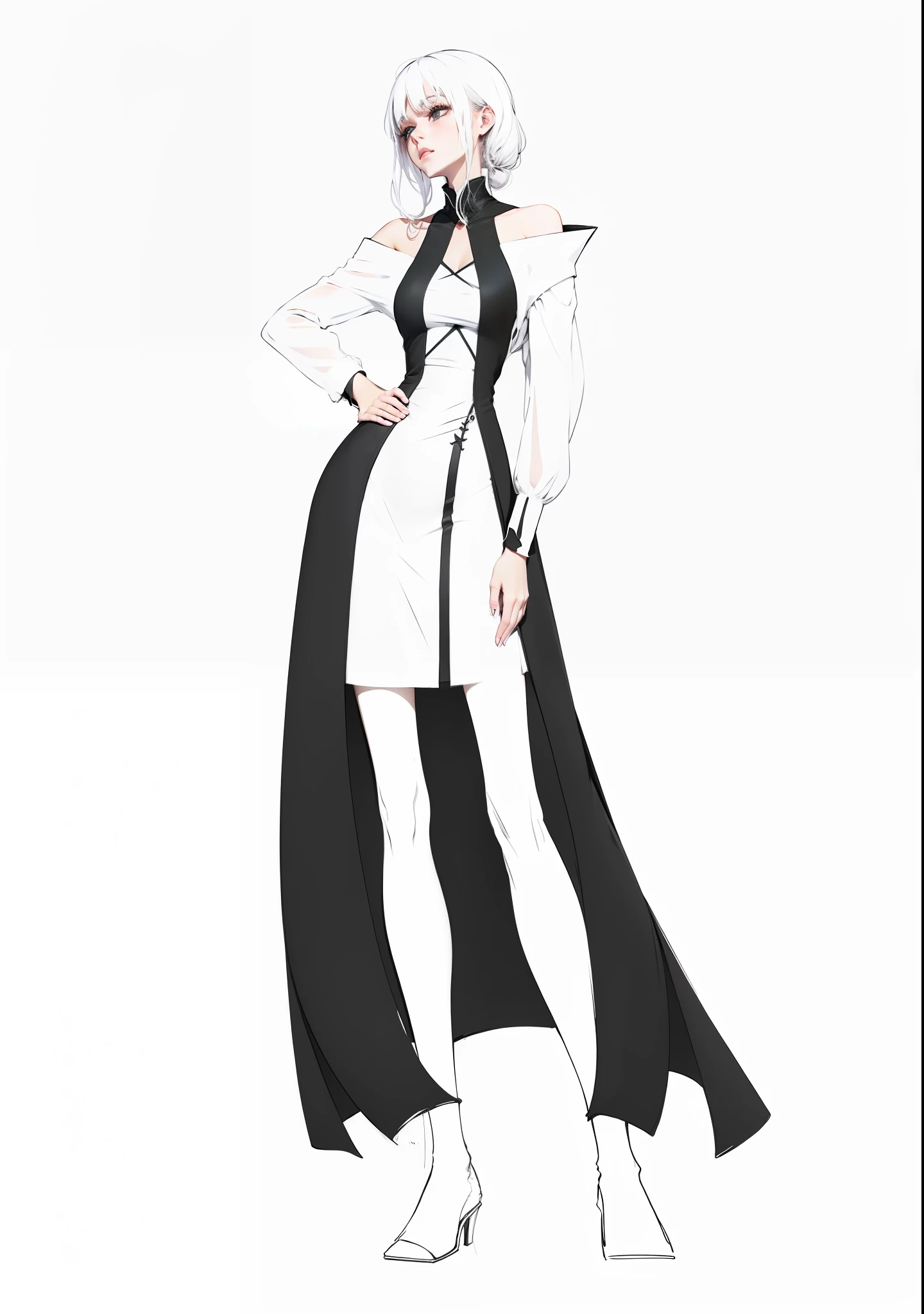 Black coat, black decoration, leaky shoulders, delicate three-dimensional white clothes, clothing design, black and white