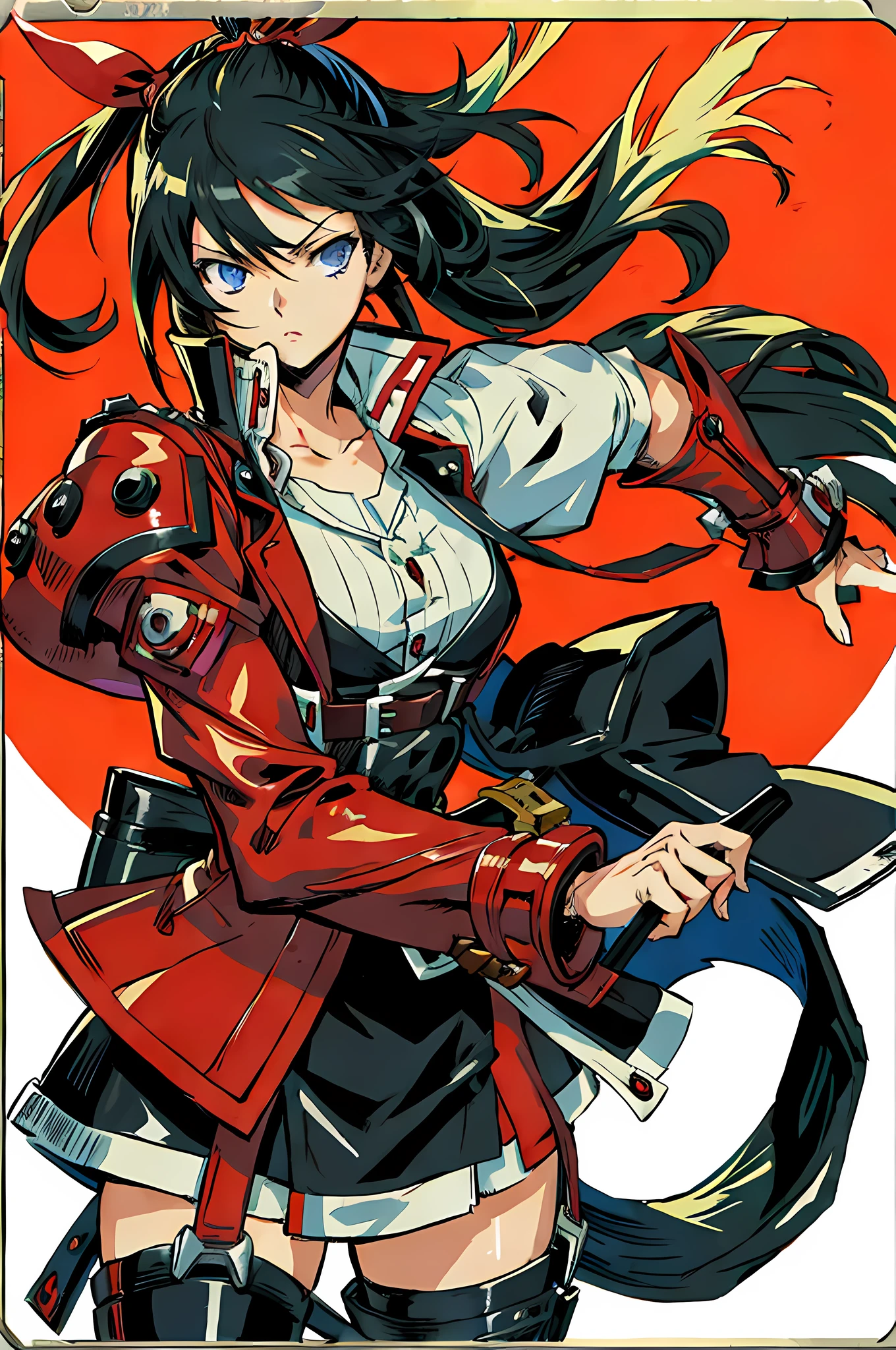 combining the Guilty Gear style with the artistic influence of Yusuke Murata, maximum detail, in 4k,
,(best quality), detailed oriental background, girl in bionic arms,