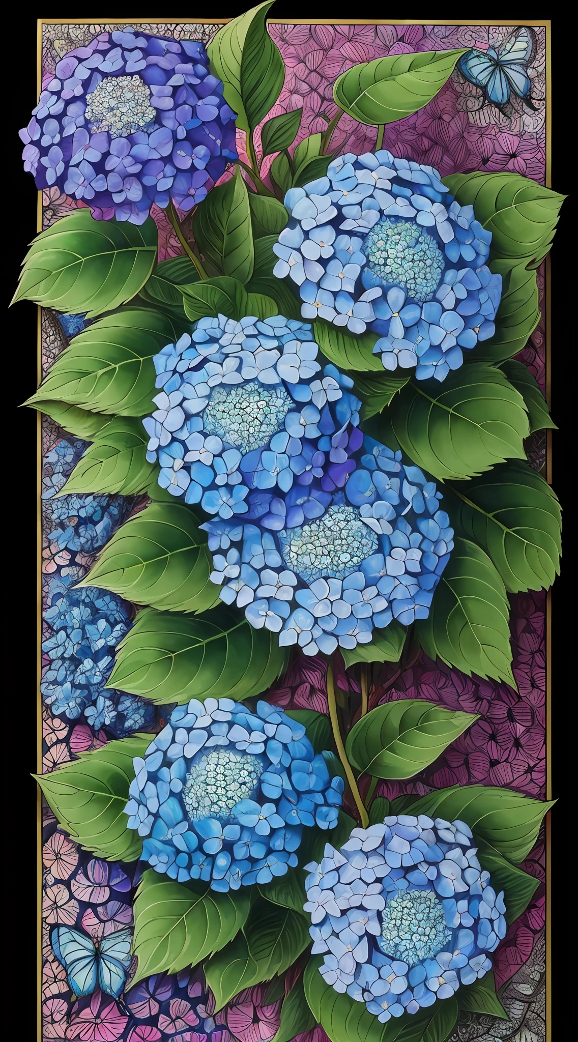 (masterpiece, best quality:1.4), wonderful drawing, blue hydrangea, butterflies, uhd, intense colors, (zentangle:1.2)