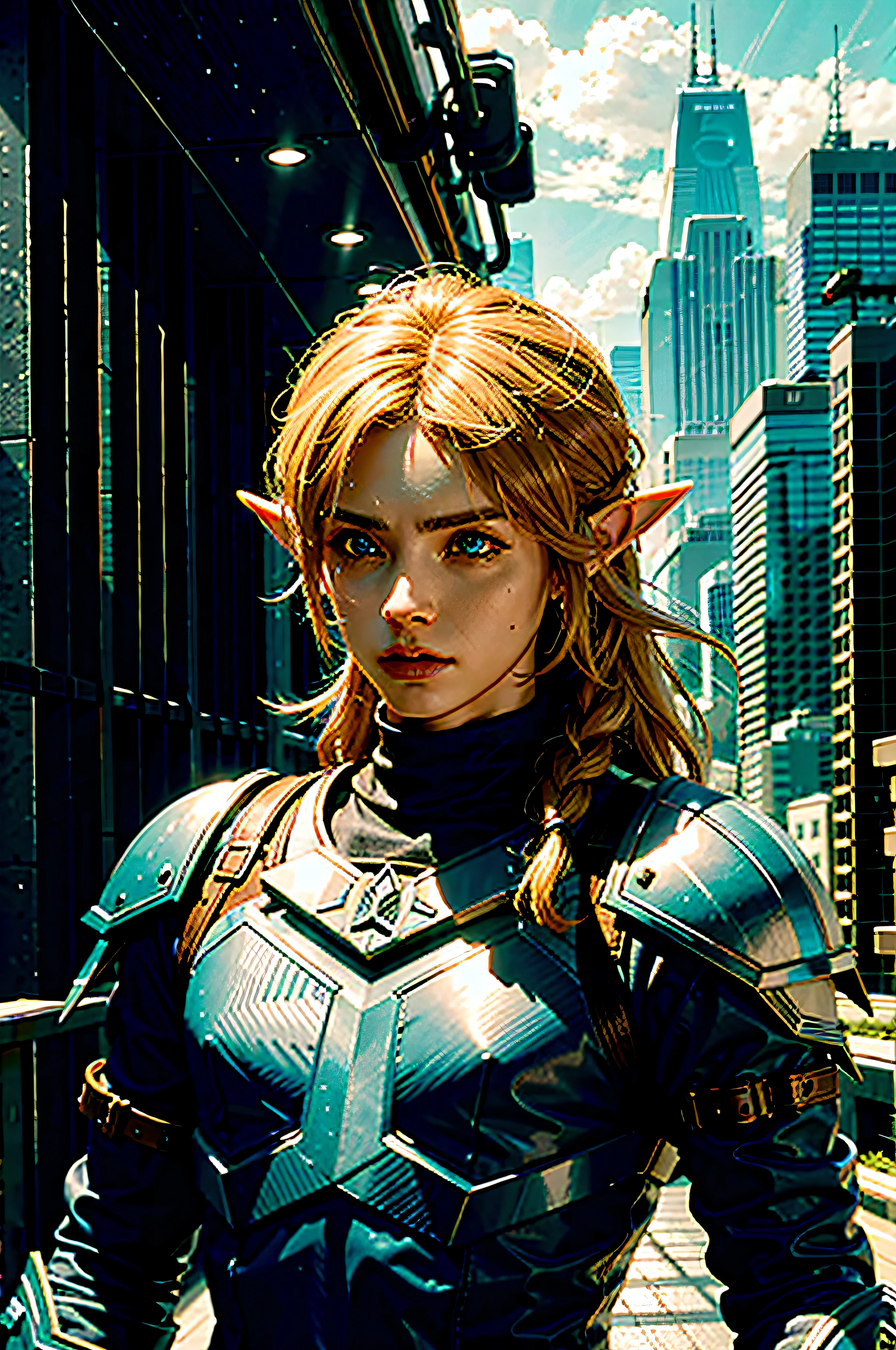 Cyberpunk link from Zelda , Cinematic shot, Incredibly detailed, Sharp, Professional lighting, Photography lighting, 80mm, Lightroom gallery, Behance, Unsplash, --v 4