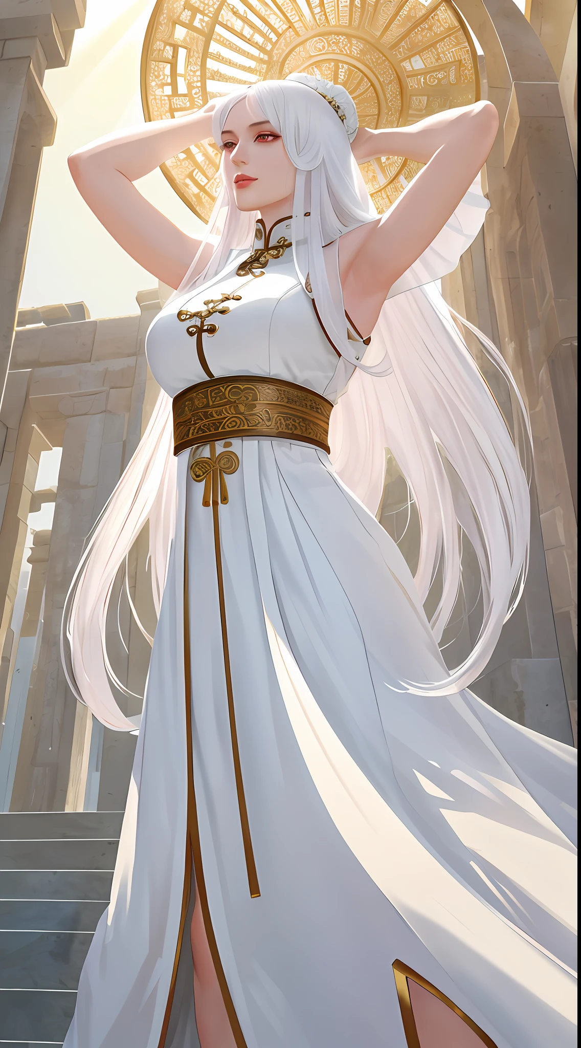 (masterpiece, best quality, 8k), (from below, low angle), 1girl, beautiful mature female, 6 Inches tall, lips, goddess, immortal, divine, godlike, white clothes, detailed clothing, ancient chinese clothes, red eyes, long white hair, light smile, arms up, armpits,  detailed buildings, outdoor, god rays, sunbeams