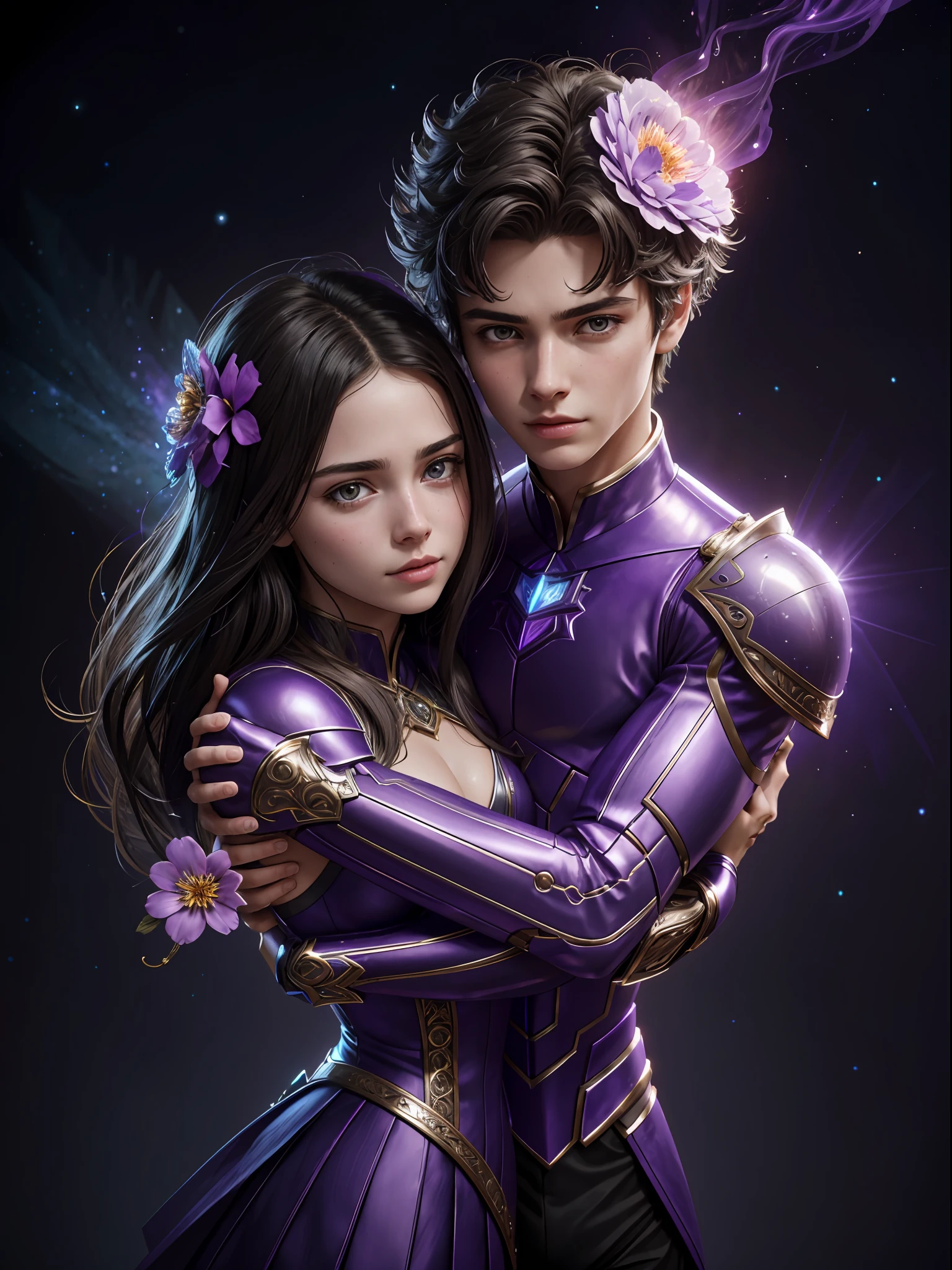 Incredible and spectacular scenes, ((high quality)), ((detailed)), ((fantasy)), "purple plasma brain, purple plasma body, realistic, best quality, 4K, flowers trapped in blisters at the top realistic, (handsome teenager and beautiful girl hugging), full body portrait", image quality (3D rendering effect) , exquisite details,