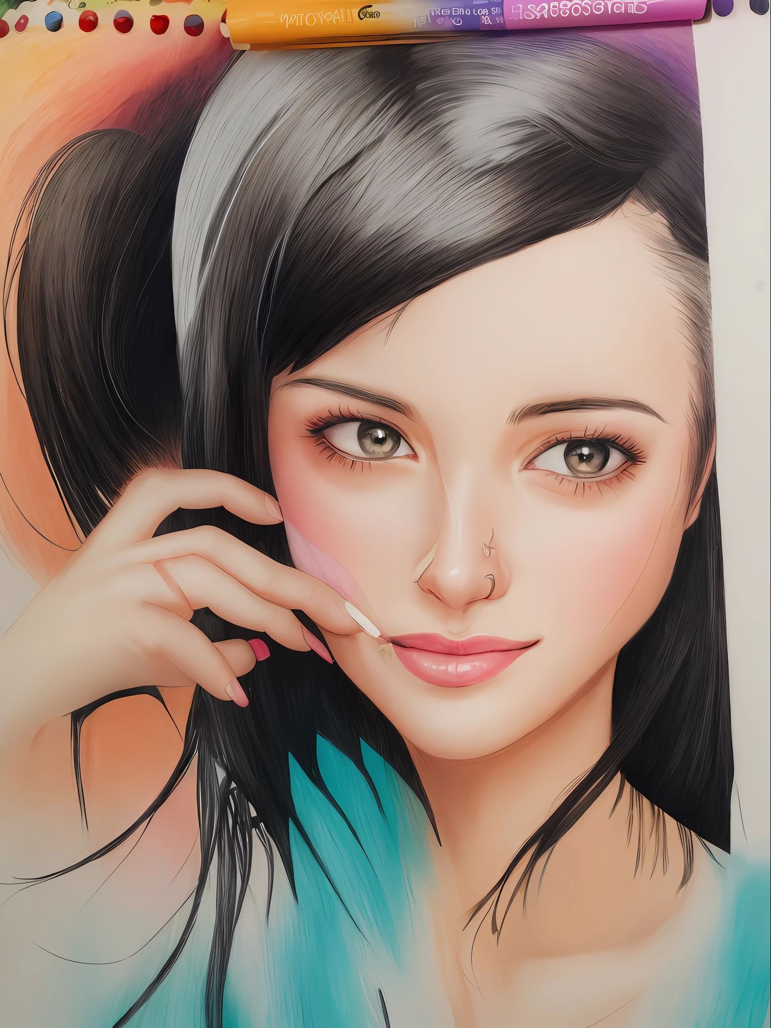Drawing of a woman with a nose piercing, closeup potrait, colorful drawing, traditional art, a sketch of colored pencils, girl with black hair, colored drawing, sketch of colored pencils, potrait of a female face, potrait, beautiful painting, portrait of girl, detailed face, by Yasutomo Oka, simple drawing.