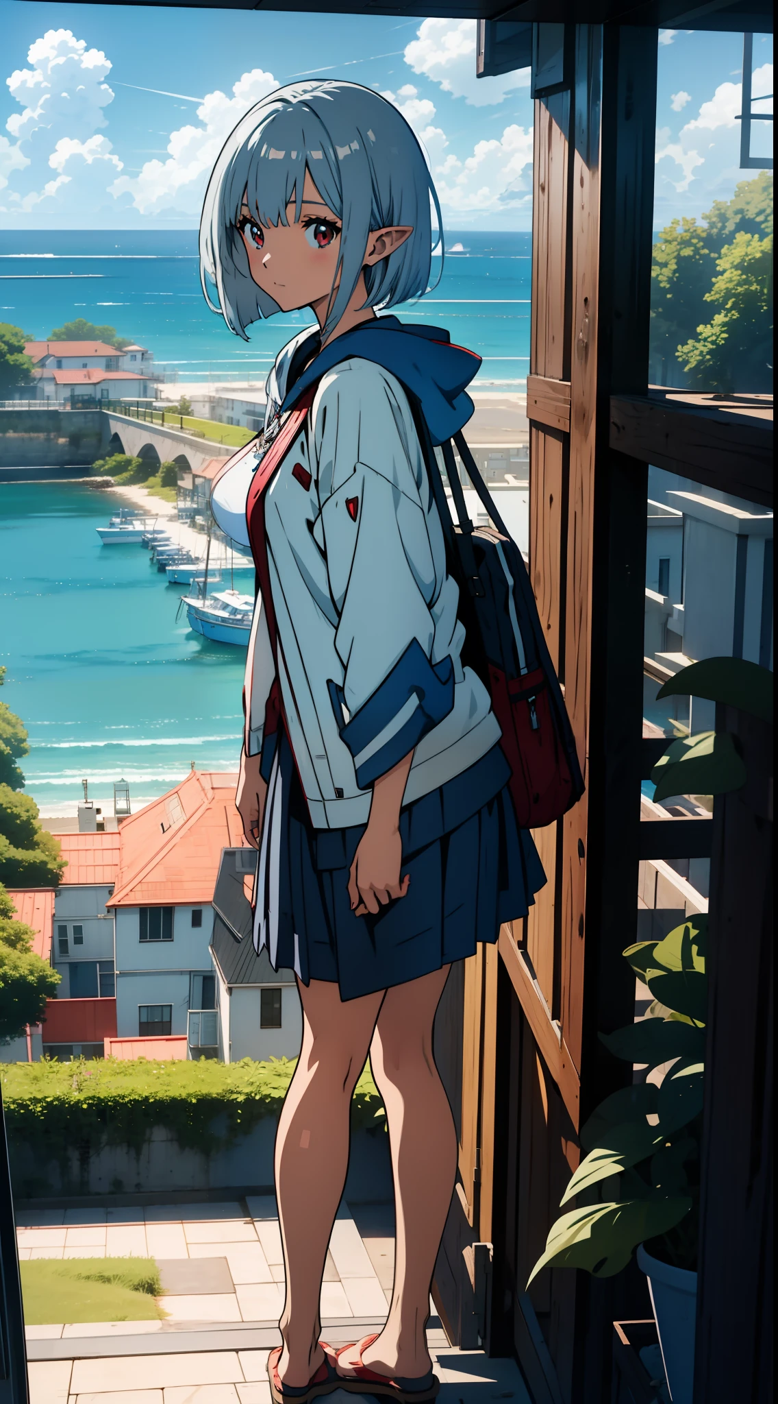 seaside city, overlooking the sea, one girl closeup, swimsuit, bikini, hoodie, elf, silver hair, red eyes, bob cut, concept art, official art, beautiful anime scene, beautiful anime landscape, anime landscape