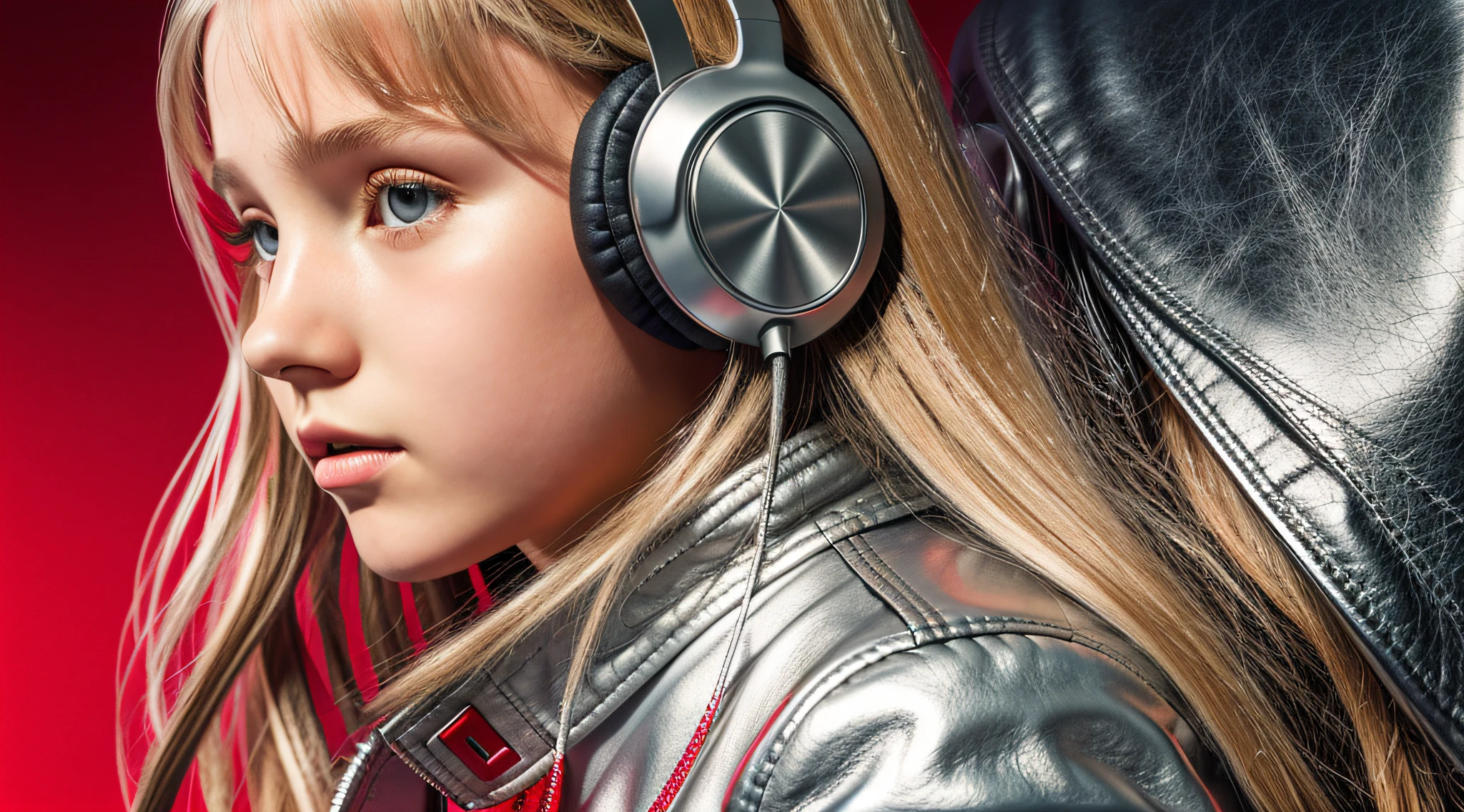 GIRL child 12 years , RUSSIAN BLONDE long hair and headphones , portrait , SILVER LEATHER JACKET, red background. --auto --s2