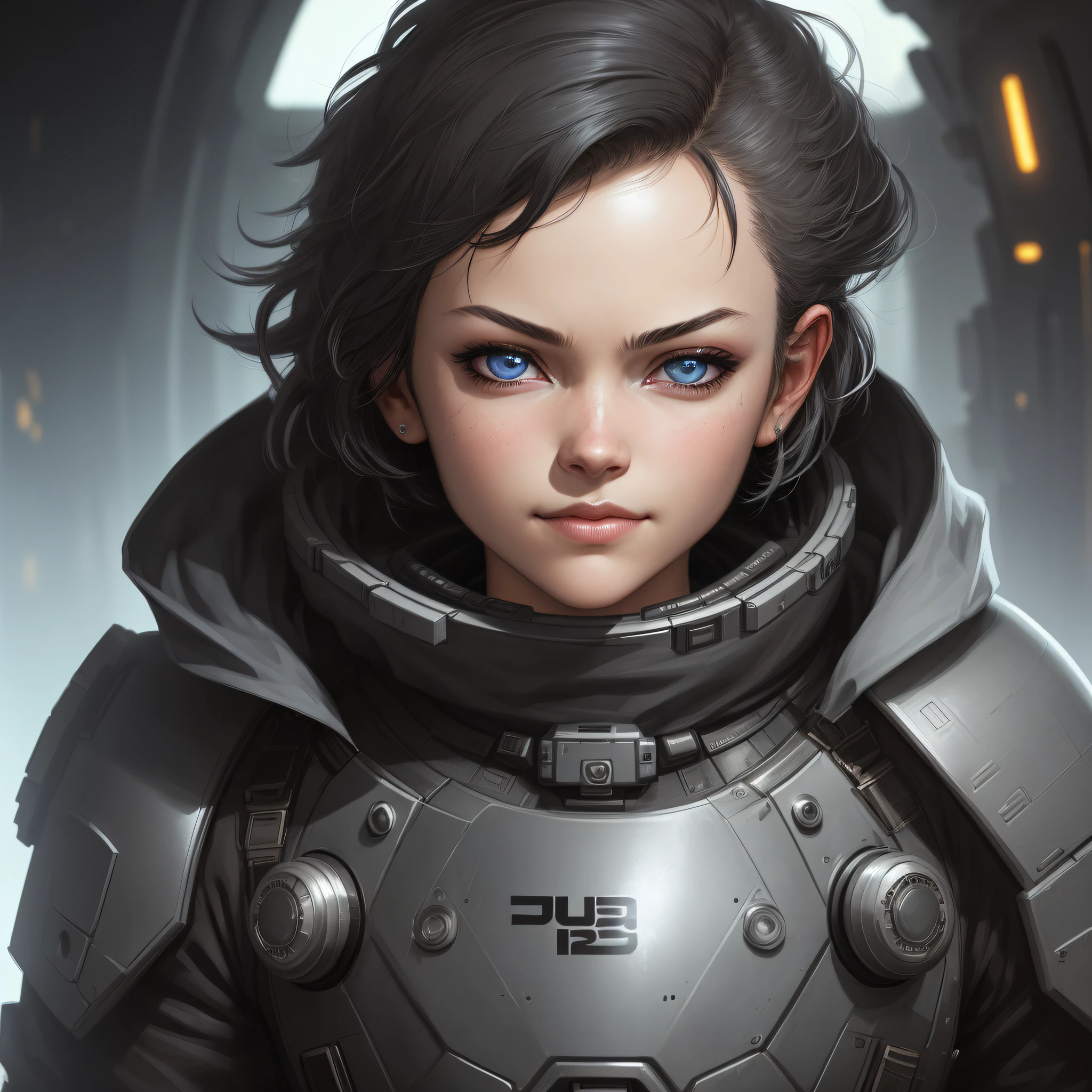 Sci-Fi, Space Rogue Girls, (smirk:1.1), short hair, black hood, light armor, big gray eyes, beautiful detailed eyes, mask, Greg Rutkowski, Yoji Shinkawa:0.6