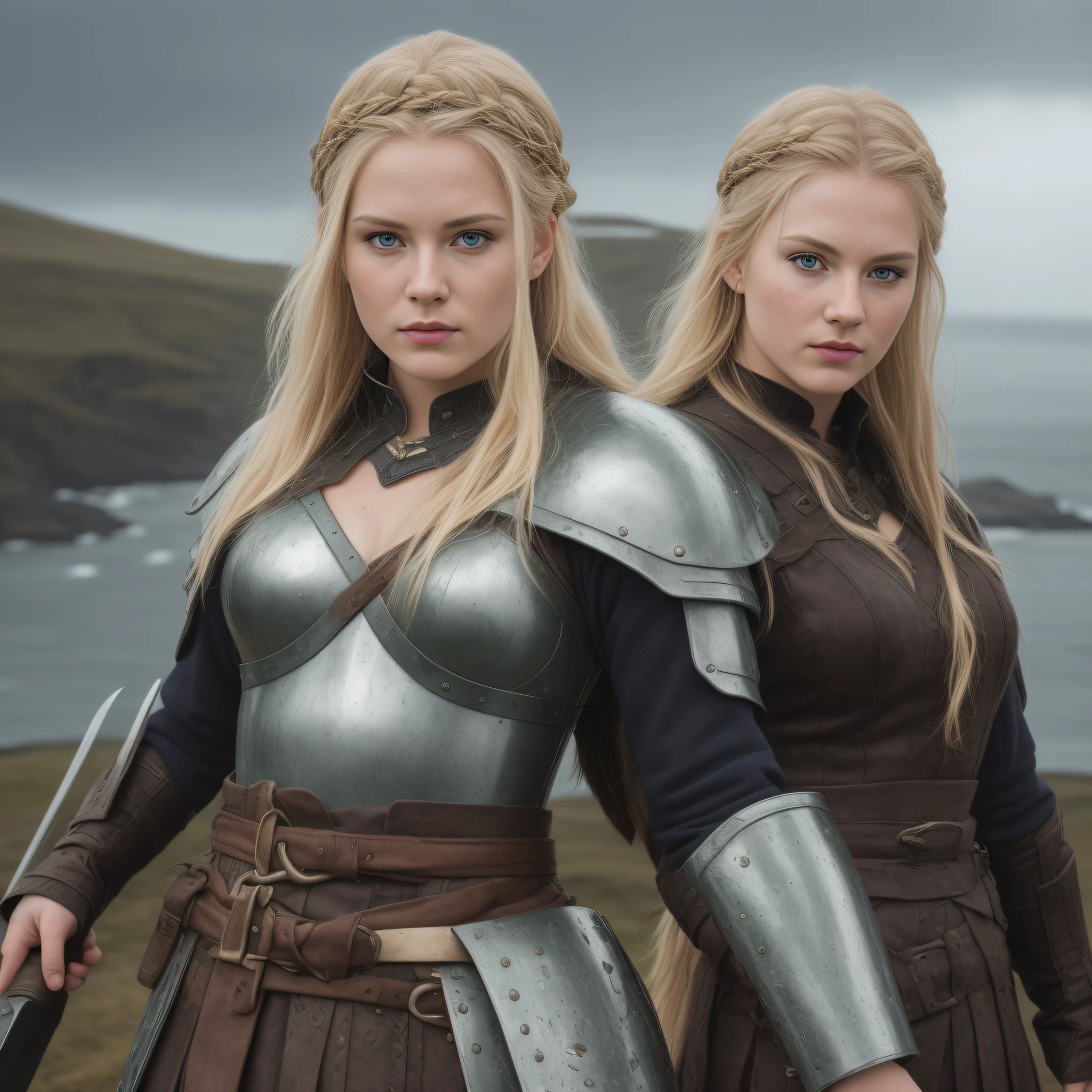 Image shows (a beautiful woman of Icelandic descent with Viking style). She has slightly reddish cheeks and (fierce eyes of bluish ice color with a subtle black outline). His hair is blonde (wearing a shiny Viking helmet with gold details covering his face). (The model wears an elegant gleaming Viking woman's armor), along with a Viking sword at her waist. She is captured in an enhanced ESRGAN image with a realistic face (captured in a head-to-toe photo) that shows her youthful appearance at the age of 27. The image was captured using a Sigma 35mm f/1.4 Art lens in stunning detail at 8192 x 8192 pixels with High Dynamic Range to capture accurate color and detail. The model is on a mountain overlooking the sea, with a dramatic angle, illuminated by sunlight that creates shadows and reflections, and with a volumetric light effect adding depth to the image. The result is an image that highlights the fierce and powerful nature of a Viking woman with Icelandic heritage, depicted with stunning detail and realism, (she is alone in the image), (the day is rainy), (wet armor), (the rain is falling), (medieval war scenarios)
