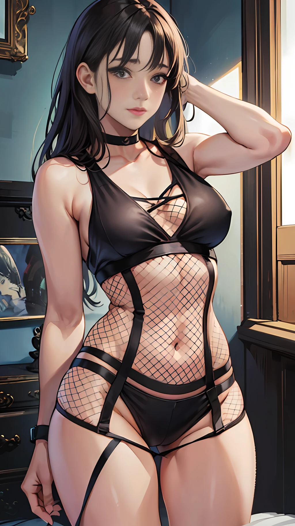Masterpiece, High definition, High quality, detailed face, detailed body rendering, 1girl, solo, Hinata Hinata, Hinata sleeveless clothing,, Clear fishnet garment, dark lips, No bra, no panties, no bottoms, Breasts out,, Standing, Blushing, (in bedroom) --auto --s2