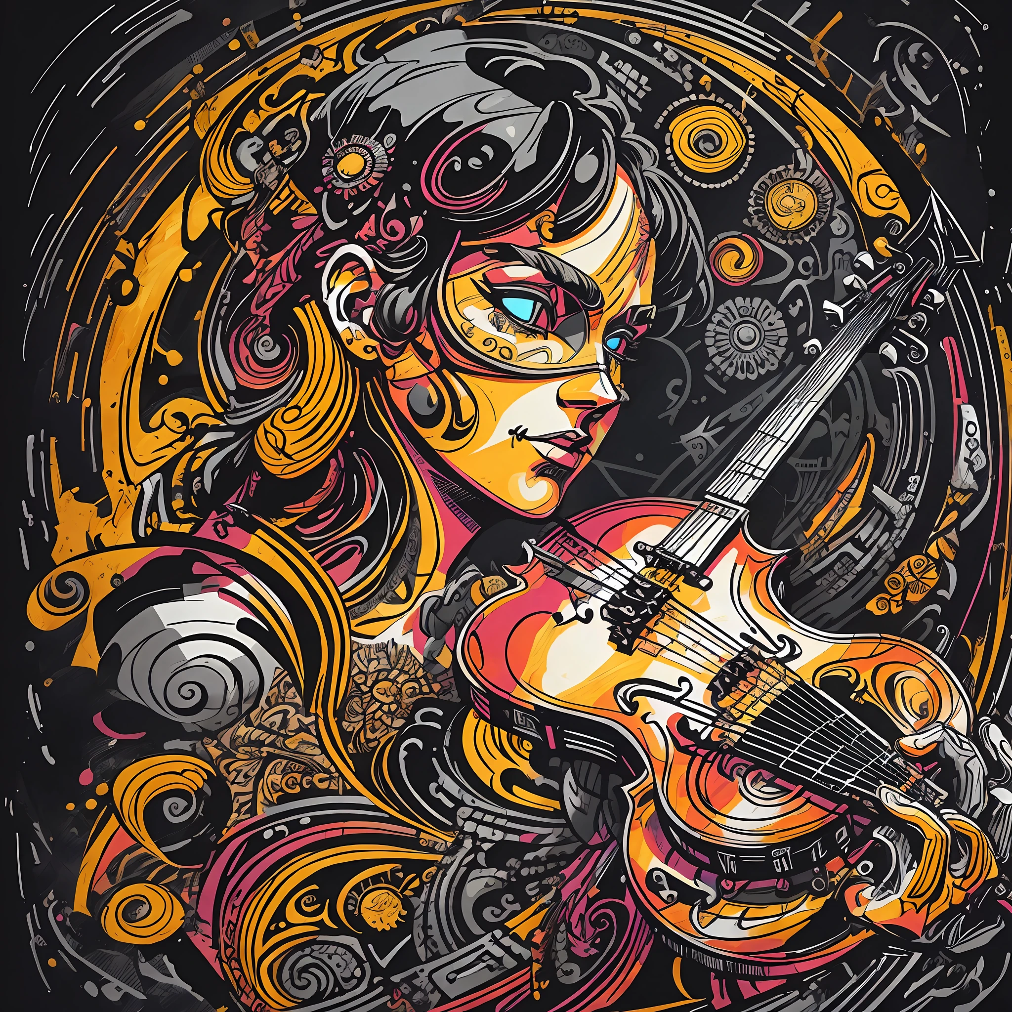 t-shirt art, 2D, ((black background: 1, 5)), vector, vivid colors, A violinist playing dystopian stage rock and roll style, masterpiece, best quality, intricate details, perfect symmetrical face, starry night style of van gohg, rock and roll theme, rim light, moonlight, cinematic shading, Greg Rutkowisk --auto --s2