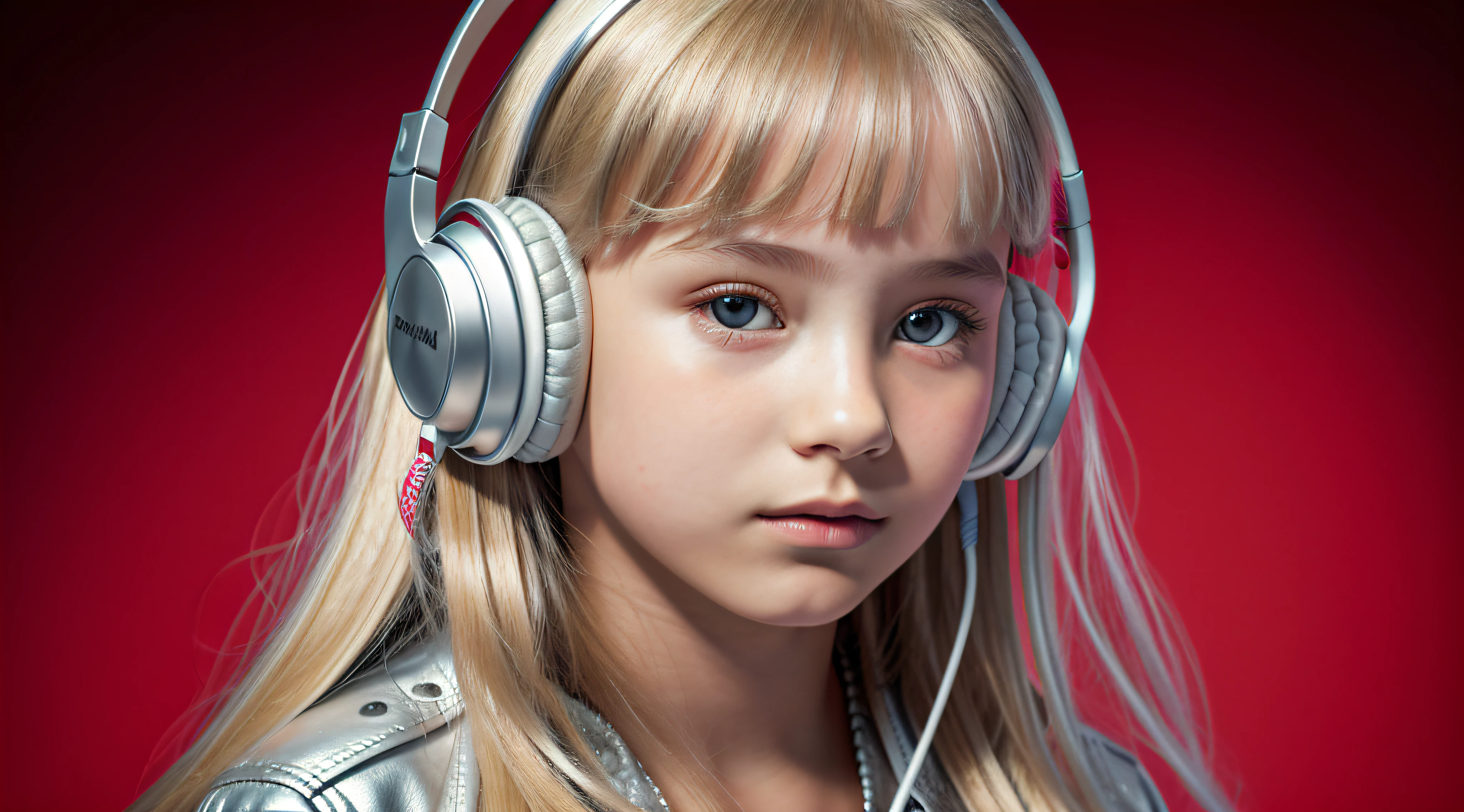 GIRL  , RUSSIAN BLONDE long hair and headphones , portrait , SILVER LEATHER JACKET, red background. --auto --s2