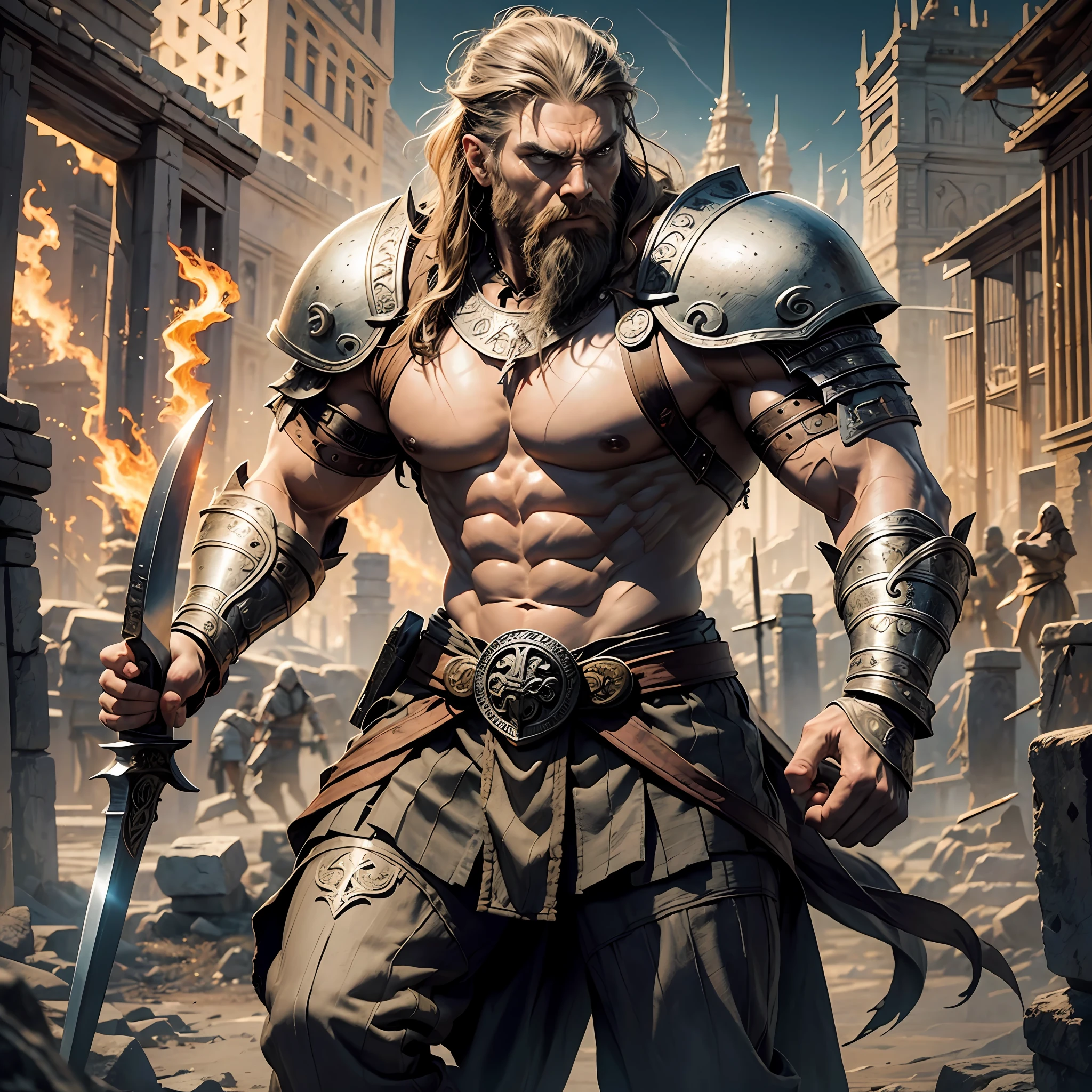 Full body face to feet image,  Physique warrior guy wearing a viking clothes and holding ancient sword in his hand, angry look, perfect face details, perfect physique body details, ancient temple background, 12k, realistic photography, more details --auto --s2