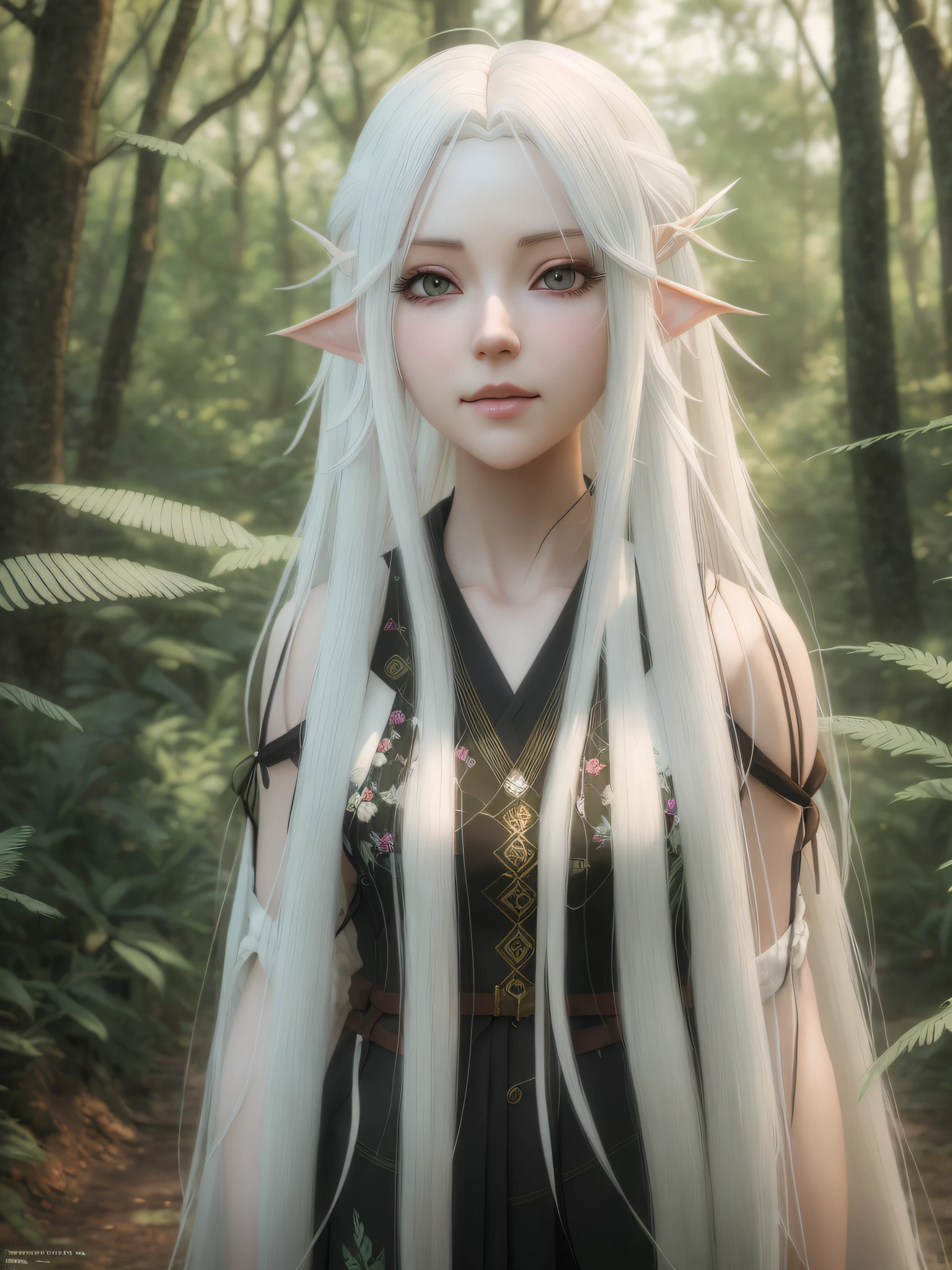 woman with long white hair in a forest, perfect white haired girl, girl with white hair, realistic 3D anime, Guweiz style art, hyper realistic anime, photorealistic anime girl render, photorealistic anime, Deviantart Artstation CGSCOSIETY, 3D style realistic anime, realistic anime, anime style. 8k, elf, realistic,