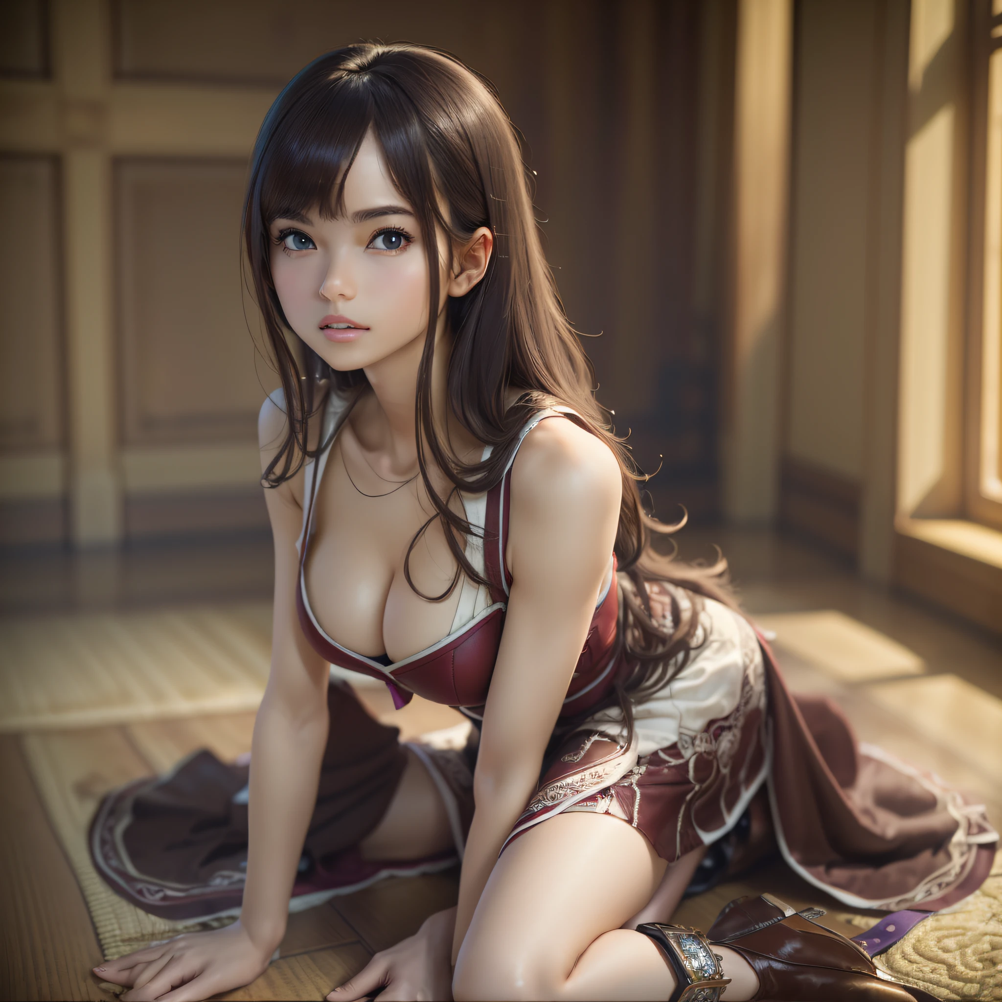 ((Top quality, 8K, Masterpiece: 1.3)), beauty, 1 girl, beauty: 1.3, slender abs: 1.1, dark brown hair, (kneeling on the floor, legs open: 1.3), ultra-detailed face, highly detailed lips, detailed eyes full of seduction, double eyelids, sexy dress --auto --s2