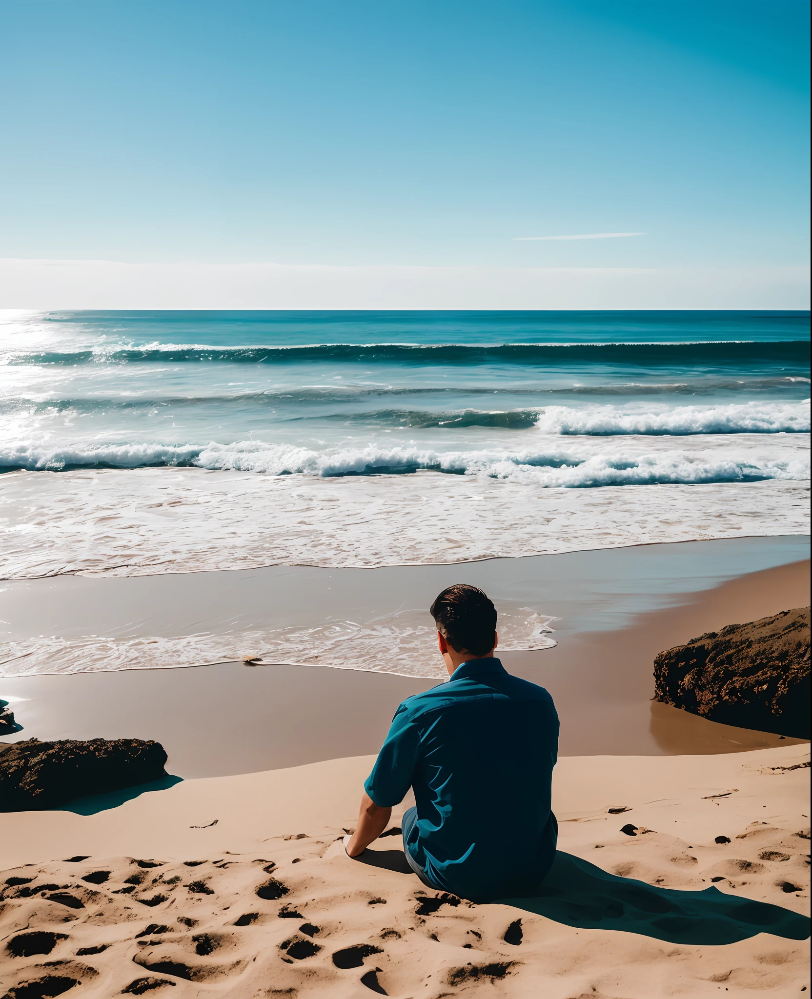 A man sitting on the edge of the beach