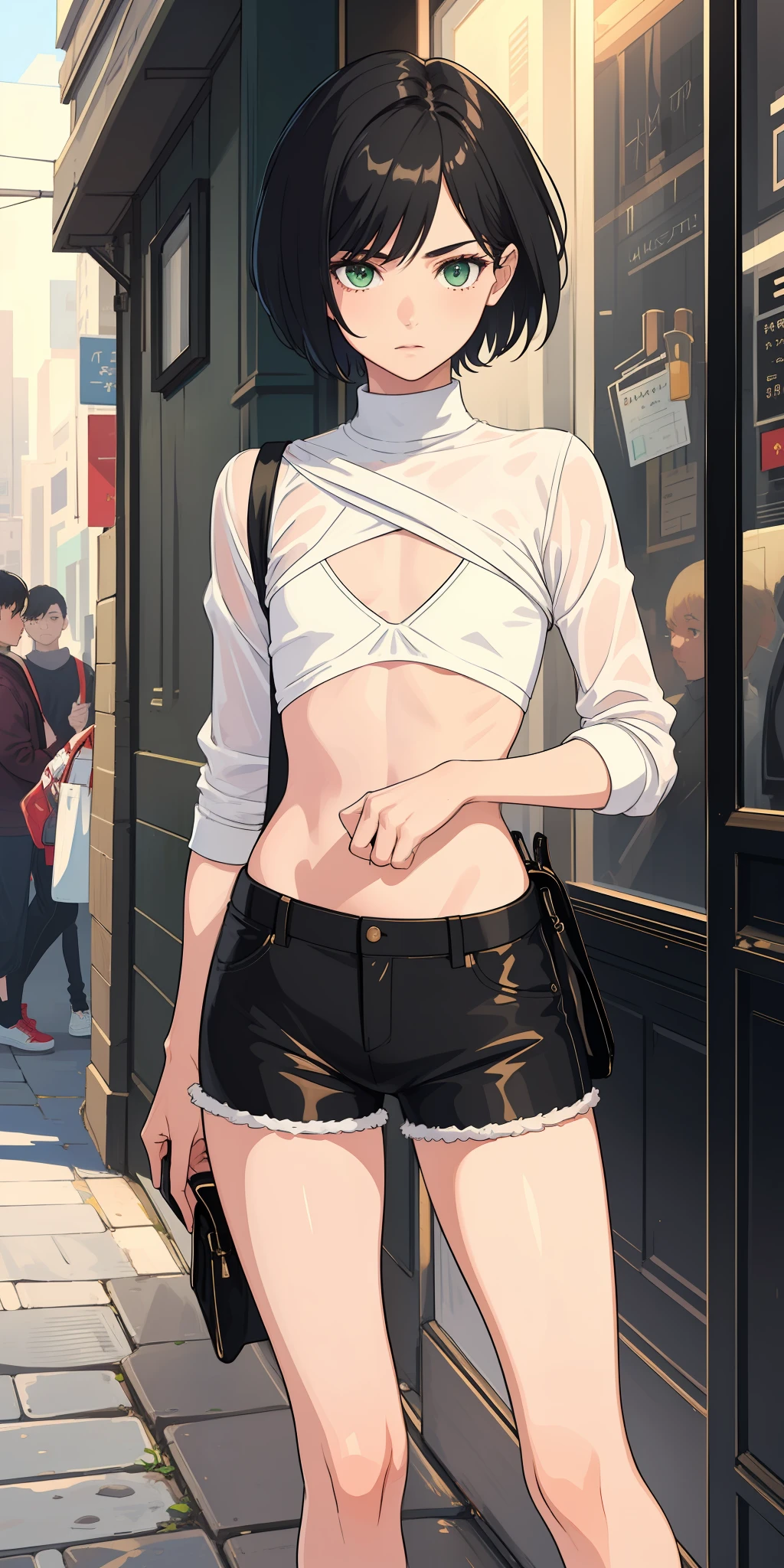 (Masterpiece, Best Quality, Highres:1.4), Detailed, Intricate Details, 4K, (1boy:1.3), feminine man, young-looking, beautiful feminine man, petite, slim figure, Delicate Face, young, cute, black hair, green eyes,((effeminate)), ((femboy)), ((flat chest)), curvy hips, (Solo:1.4), short hair, (perfect details:1.1), thick sweater, short pants, short hair, modern clothes, casual clothes,
