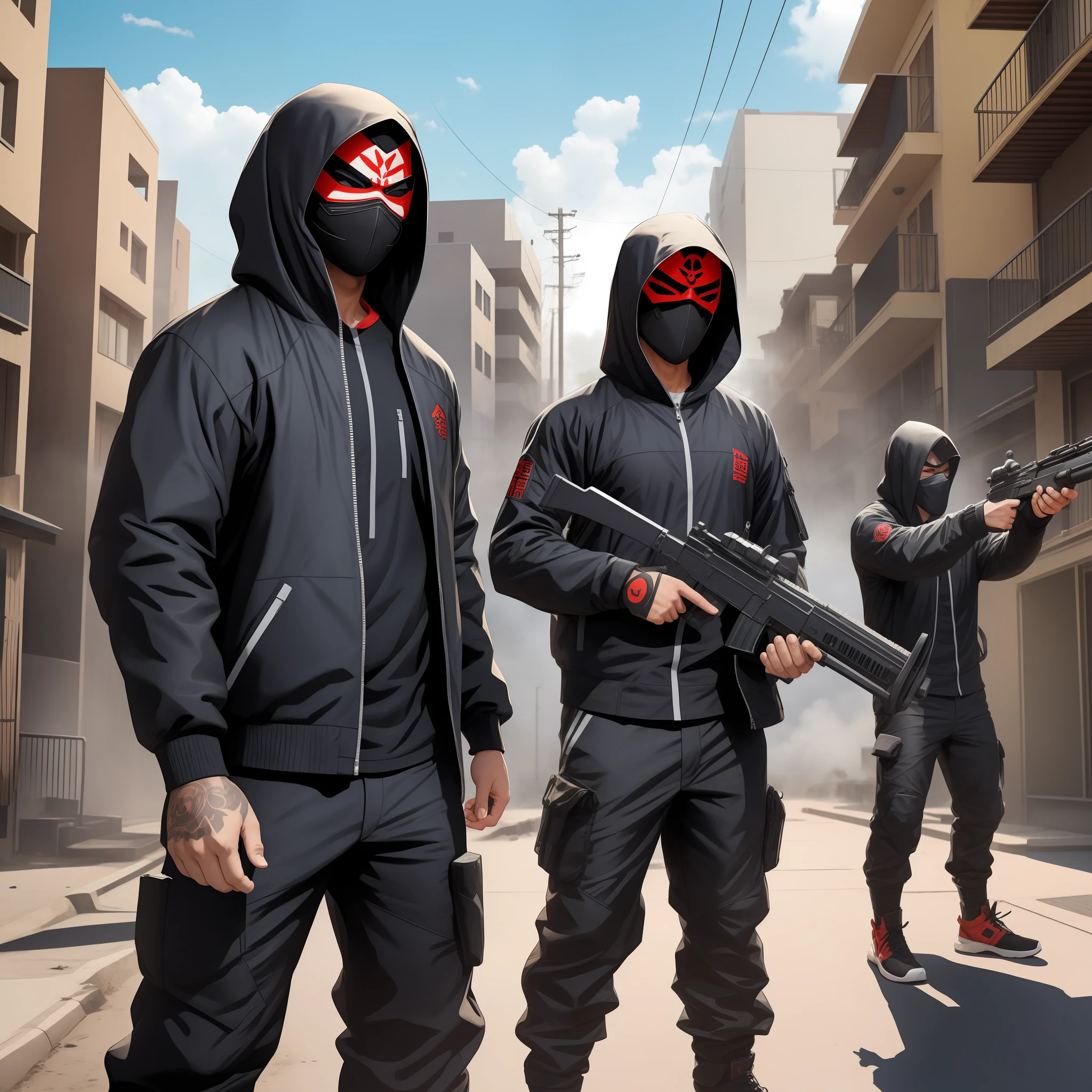 4 men masked as oni, in techwear clothes, firing shots at a neighborhood gang. Animation, sunny day.
