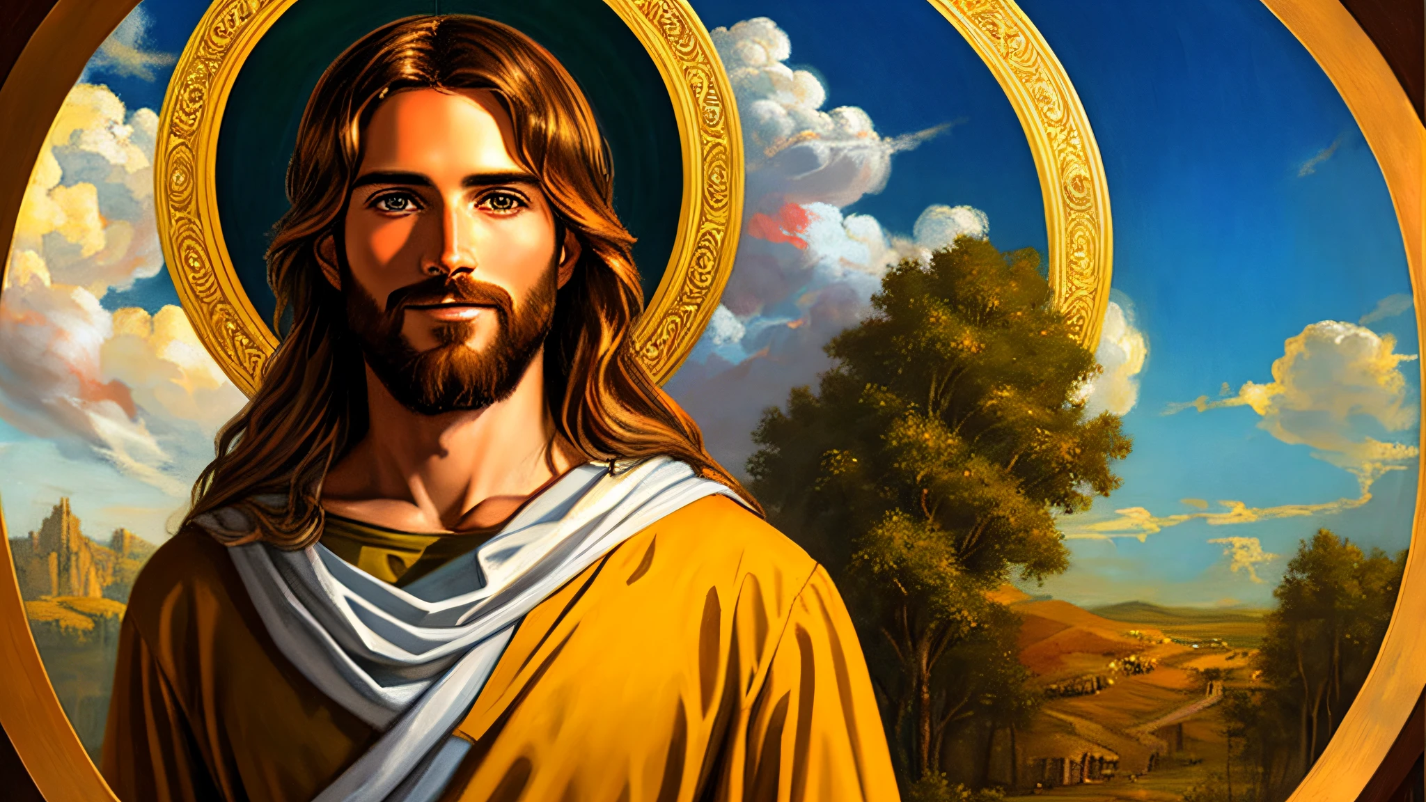 A painting of Jesus with a halo in heaven, Jesus Christ, Smiling in heaven, Portrait of Jesus Christ, Face of Jesus, Young God Almighty, Portrait of a Heavenly God, Greg Olsen, Jesus Gigachad, Jesus of Nazareth, Jesus, The face of God, God looking at me
