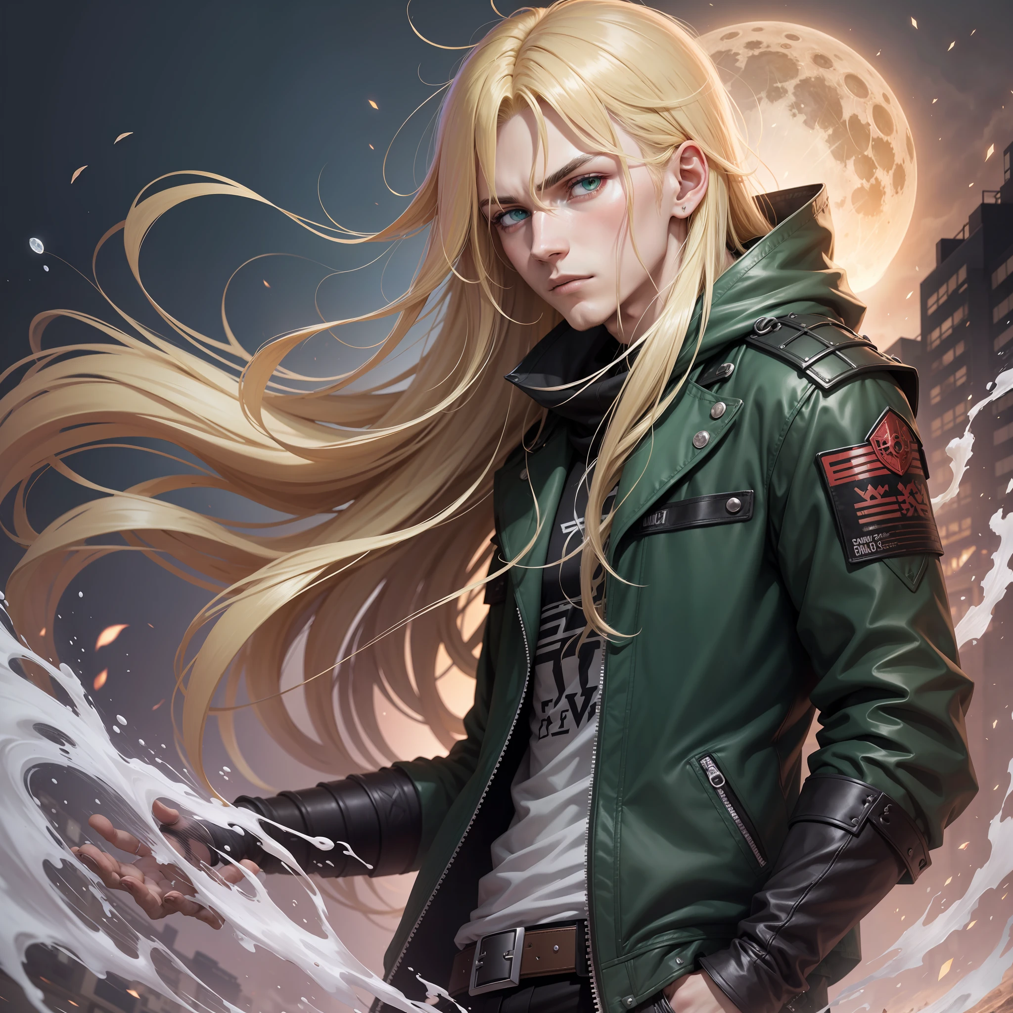 Male, long blonde hair, water green eyes, dynamic pose, solo, 32k,Super-Resolution,Full-HD,1080p,Fullscreen,Wallpaper,Generated by Midjourney, punk clothes, digital-art, Full Moon, GameMaker, side angle perspective, movie camera, war scene --chaos 58 --seed 3184 --no 0 --h 1333 --quality 100 --w 1222 --ar 1222x256 --uplight --hd,Horror Anime,Horror Anime, 1080p, 20-year-old man, alone, bangs in his hair.