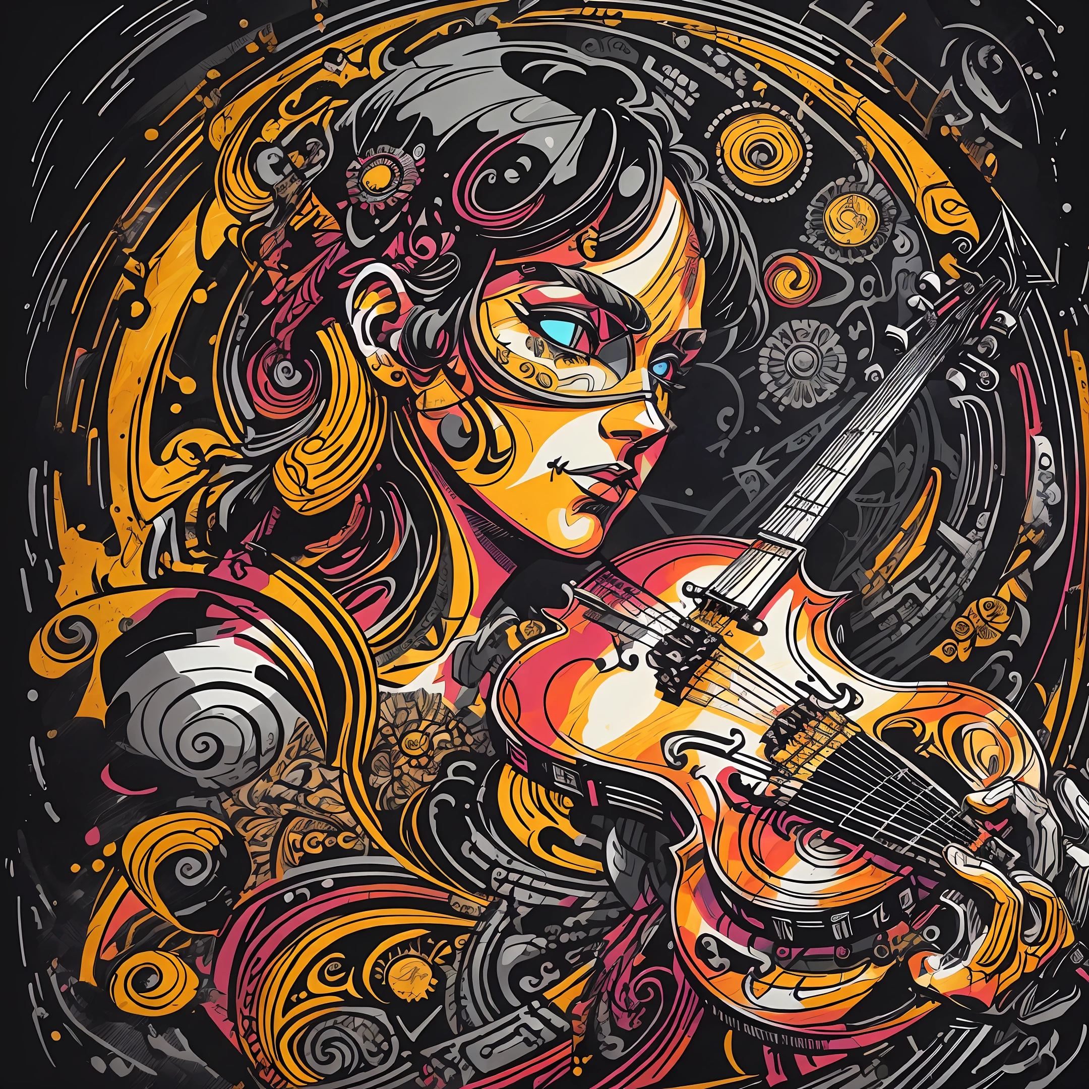 t-shirt art, 2D, ((black background: 1, 5)), vector, vivid colors, A violinist playing dystopian stage rock and roll style, masterpiece, best quality, intricate details, perfect symmetrical face, starry night style of van gohg, rock and roll theme, rim light, moonlight, cinematic shading, Greg Rutkowisk --auto --s2