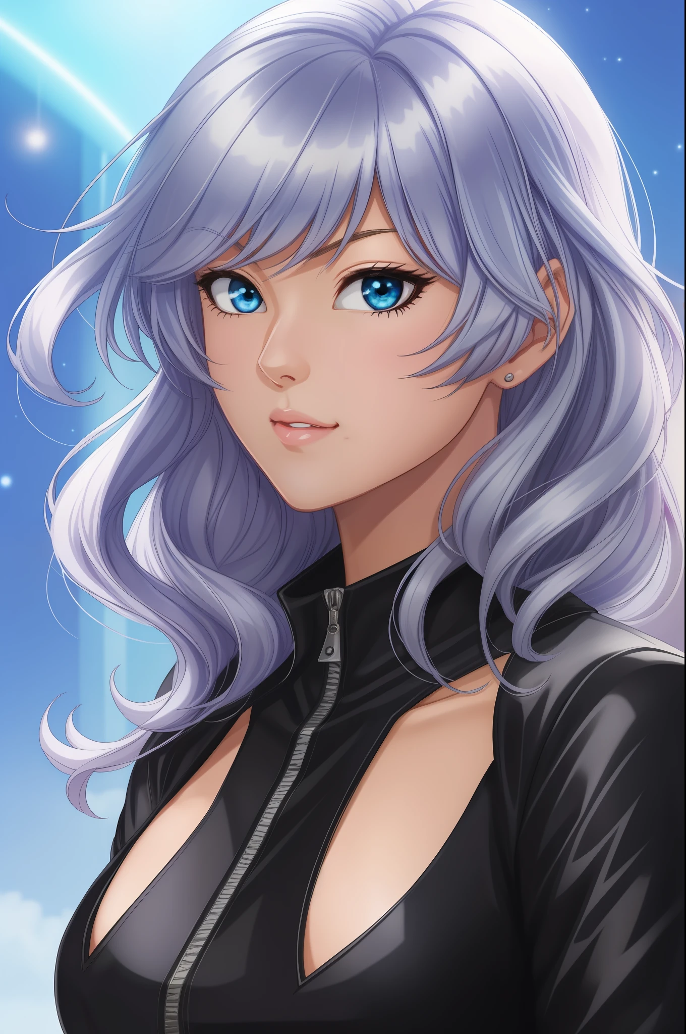 anime, Black cat - Marvel, 1girl, solo, in one ((black jumpsuit)), short silver hair, blue eyes, 8k, ((half-body)), neckline, by kyun, gamang, Yoon Gon-Ji, g.ho, gosonjak, shuroop, serious, domi, noah, trend in pixiv, fanbox, skeb, (best quality: 1.2), detailed face, soft and smooth skin, big dreamy eyes, beautiful intricate colored hair, symmetrical, wide anime eyes, soft lighting,  concept art,