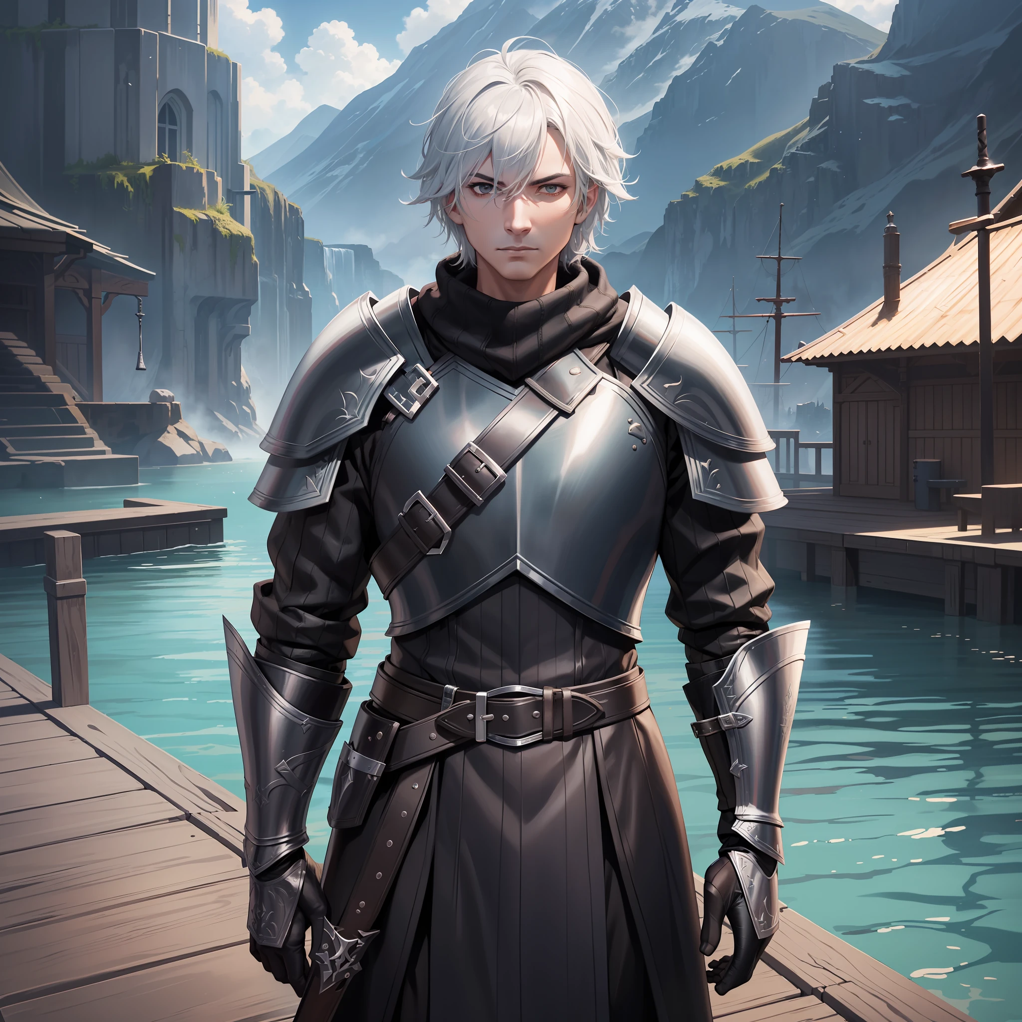 arafed image of a man standing on a dock with a sword, black leather armour, wearing black armor, black leather armor, weared in leather armor, wearing leather assassin armor, warrior outfit, black heavy armor, with a light leather armor, blacksmith's outfit, mixed plate and leather armor, skyrim armor, wearing techwear and armor