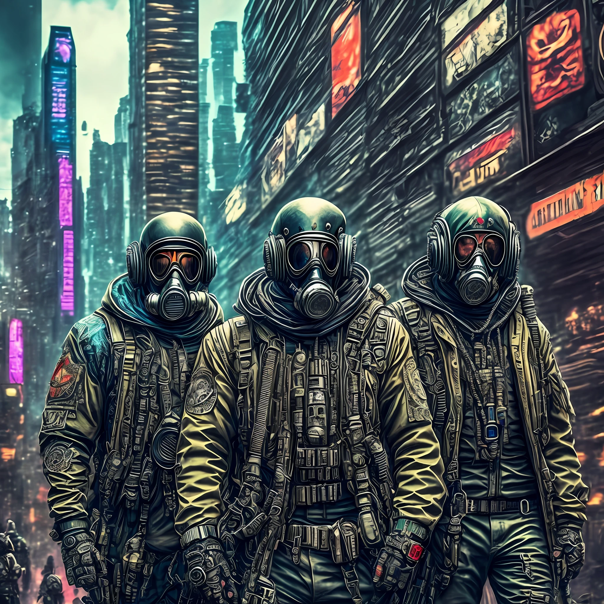 Cyberpunk style, psychedelic, intricate, hyper detailed, gangster group with gas mask --auto --s2