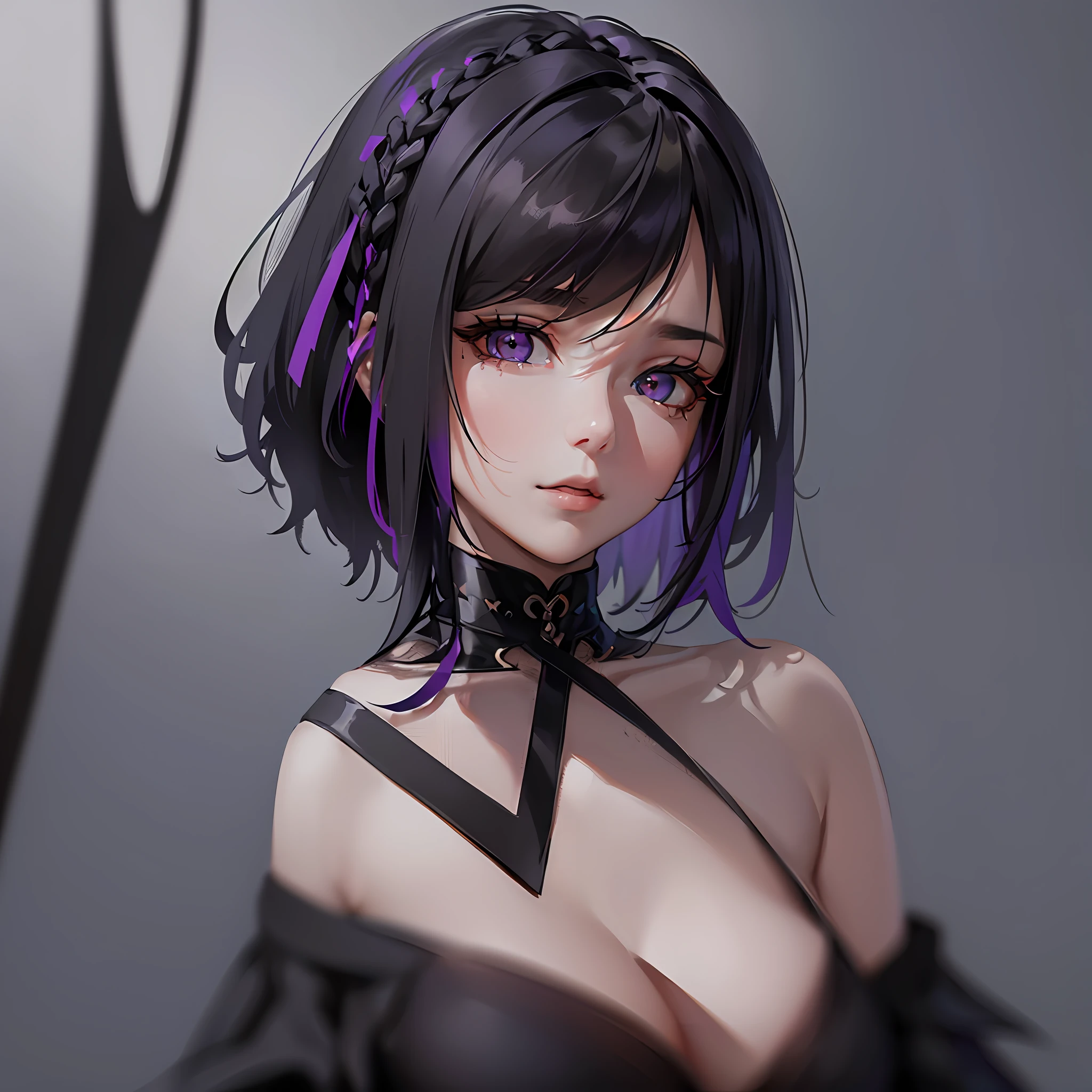 masterpiece, realistic, detailed eyes, detailed pupil, beautiful, looking at the viewer, subtle lighting, depth of field, film grain, 20yo, female, solo, (massive breasts: 1.2), small neckline, ((short black hair asymmetrical undercut with purple stir)), tight dark purple dress, black goth chok... --auto --s2