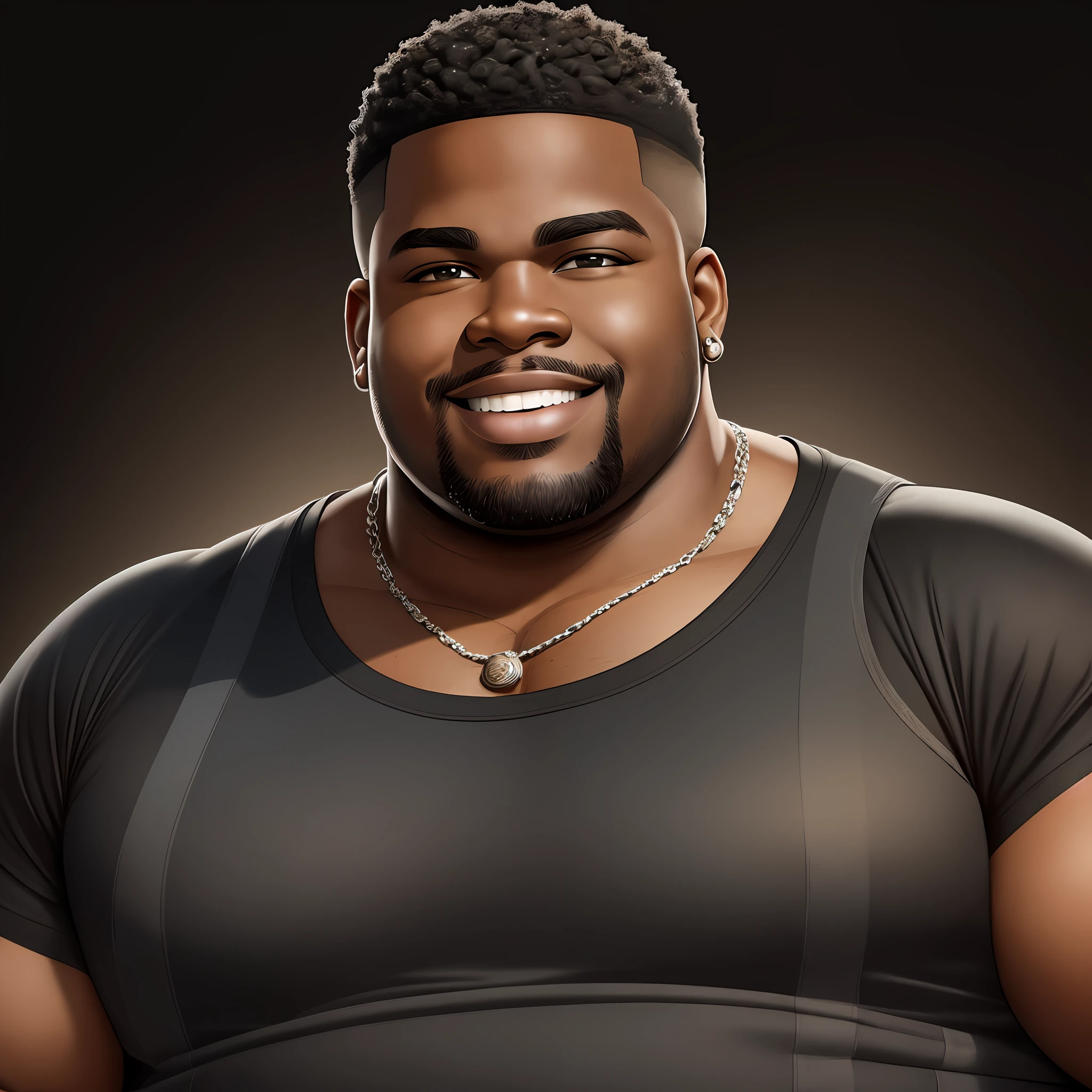 realistic portrait of 28 year old obese African American, dark skin color, heavy style, cute smile, big muscles, wearing tank top, black pants and black shoes, current fashion, African military style haircut, dark lighting background, close-up, detailed facial details, perfect face, sharp, sharp facial details, hyper exquisite details --auto --s2