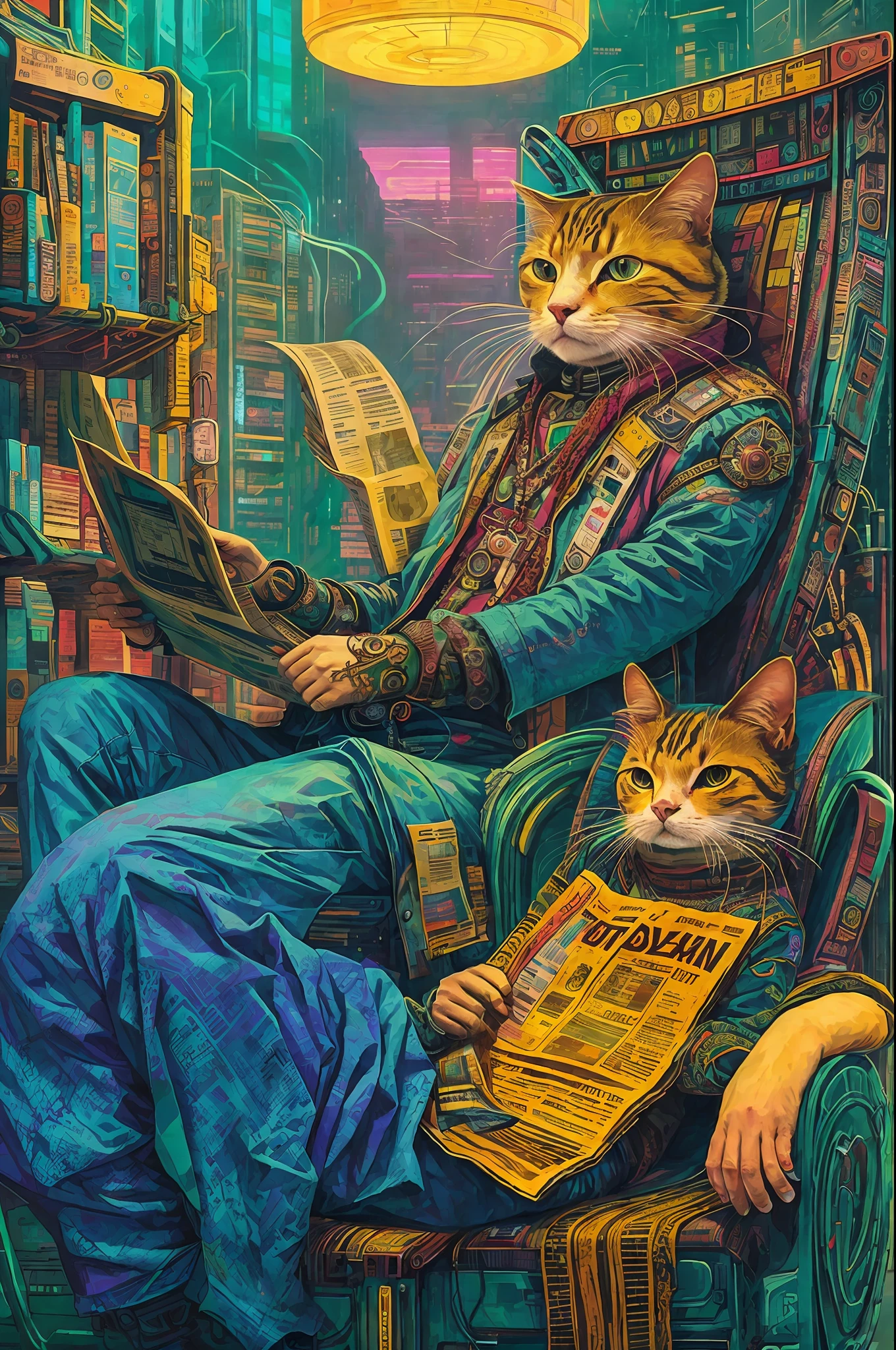 Cyberpunk style, psychedelic, cat reading a newspaper sitting in an armchair, intricate, hyper detailed