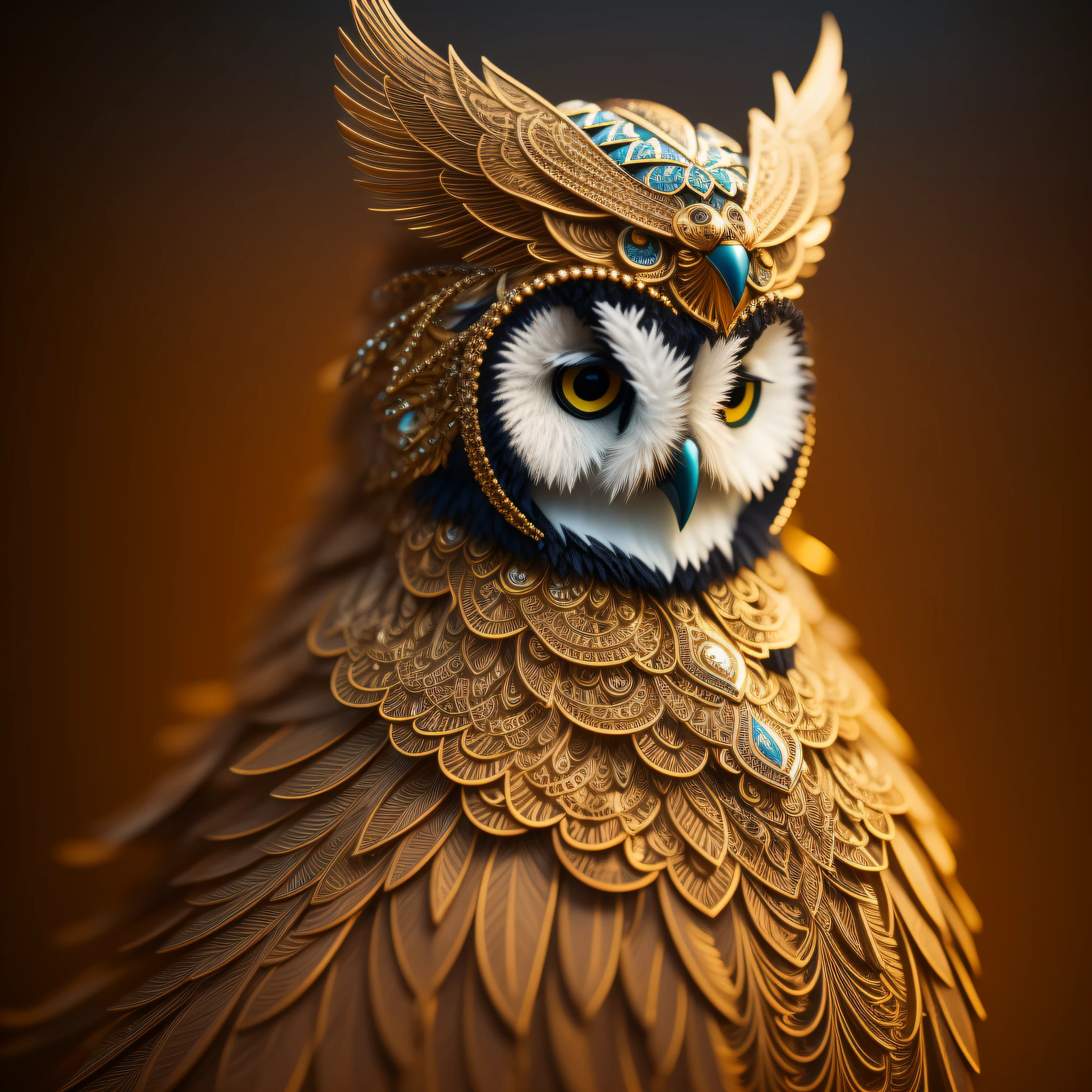 stunnung 3D model of an owl with intricately detailed, decorative headdress cinematic, cinematic lighting, octane render