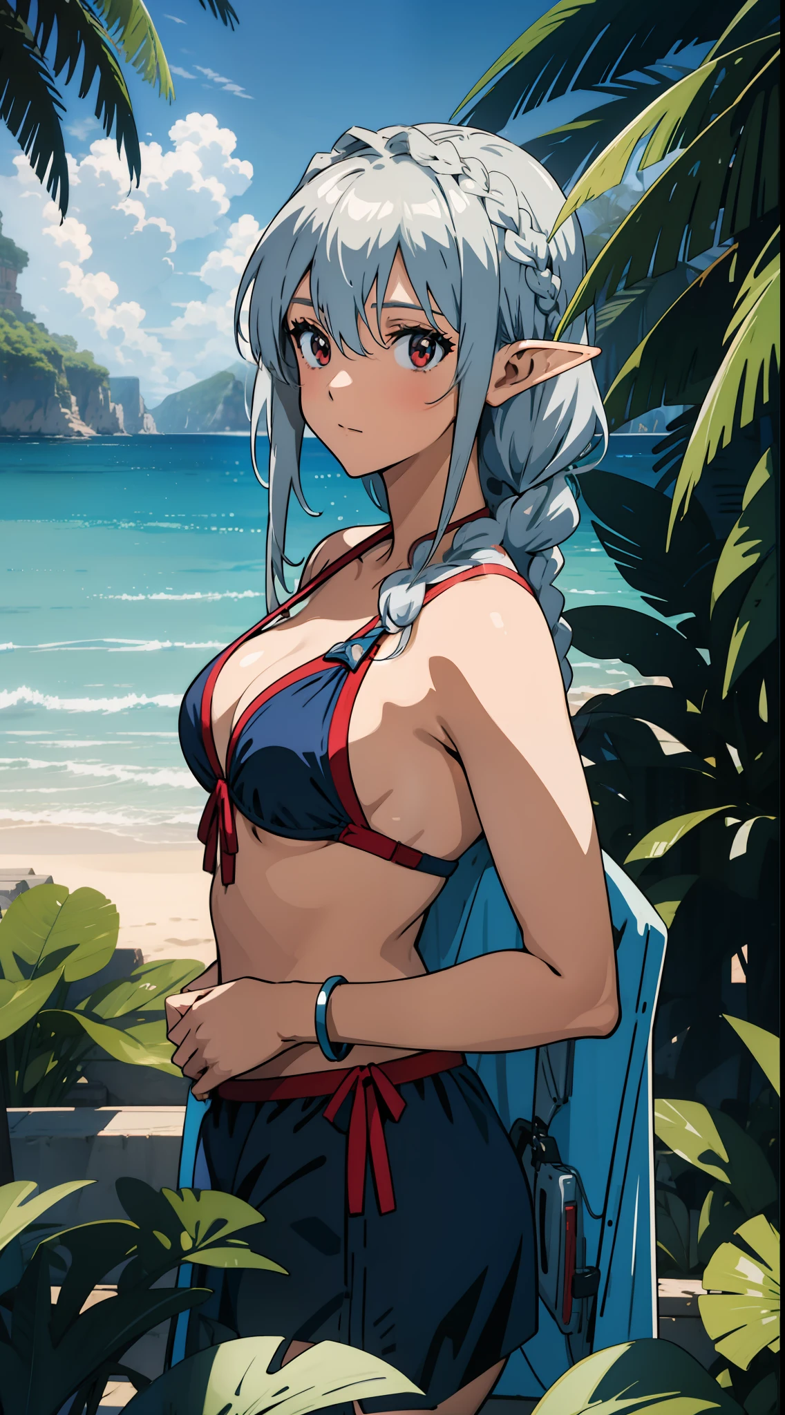 Close up portrait of one girl, swimsuit, bikini, swimming, elf, silver hair, red eyes, braid, concept art, official art, beautiful anime scene, beautiful anime landscape, anime landscape