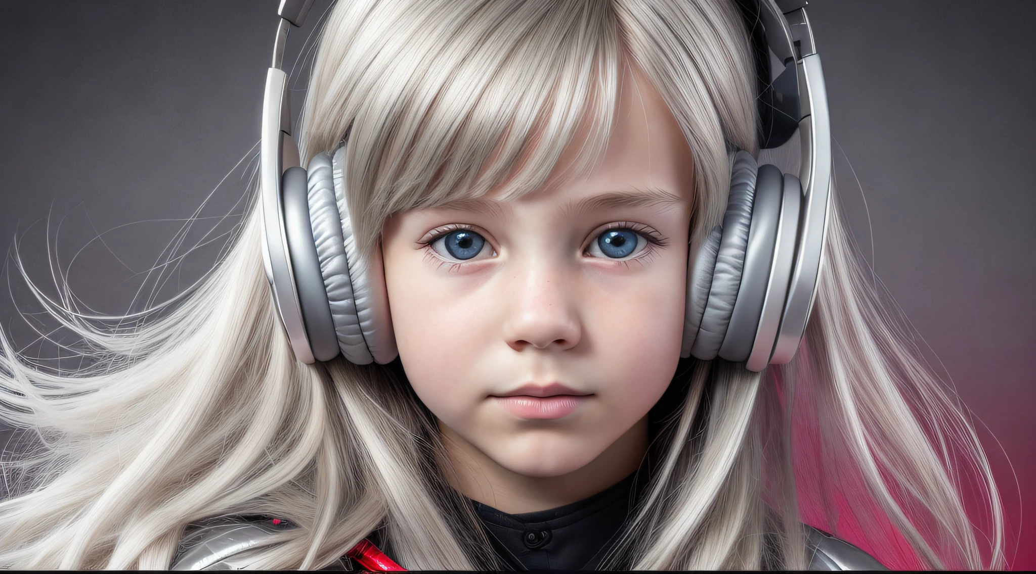 GIRL child 12 years , RUSSIAN BLONDE long hair and headphones , portrait , SILVER LEATHER JACKET, red background. --auto --s2