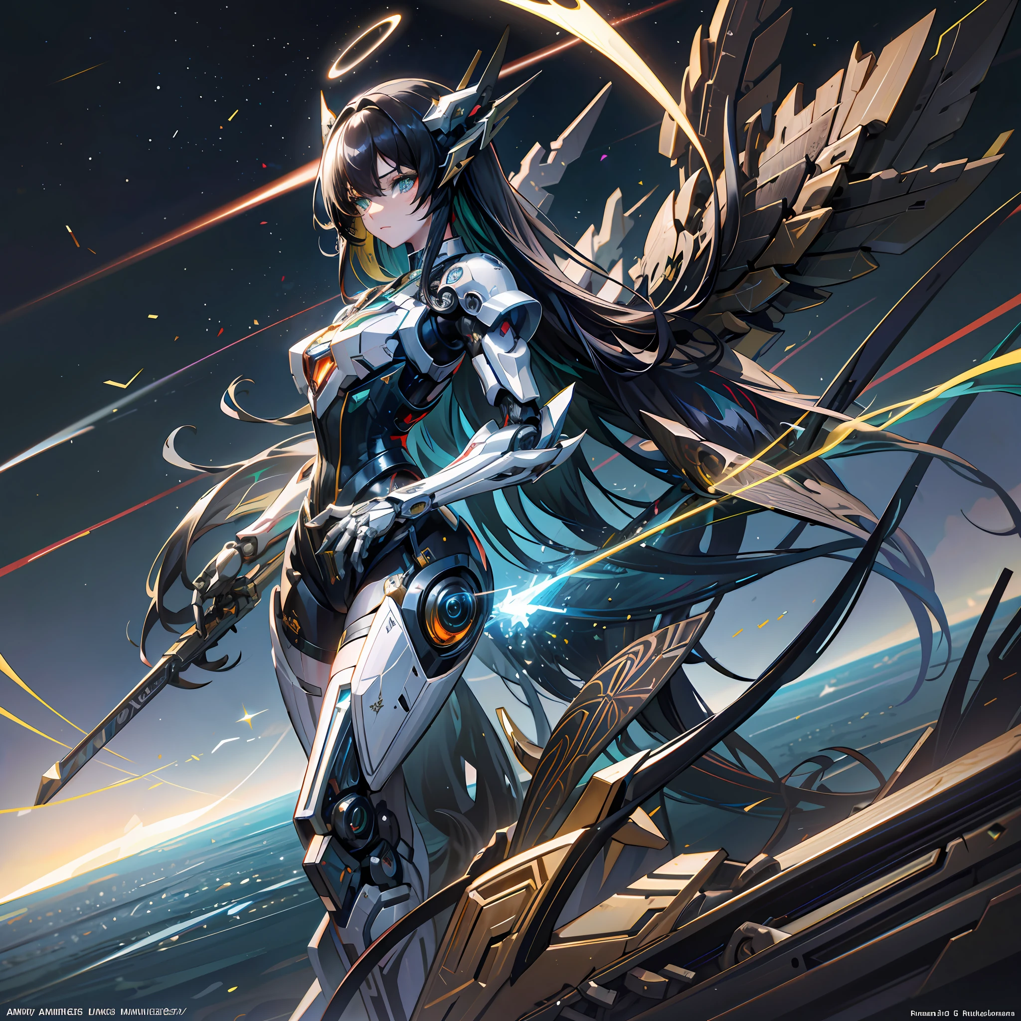 masterpiece,best quality,ultra-detailed,very detailed illustrations,extremely detailed,intricate details,highres,super complex details,extremely detailed 8k cg wallpaper,cowboy shot, caustics,reflection,ray tracing,demontheme,nebula,dark aura,cyber effect, (1girl:1.4),solo,alone,mecha musume,mechanical parts, robot joints,single mechanical arm, headgear, mechanical halo,star halo,intricate mechanical bodysuit, mecha corset, kimono, full armor, very long hair,black hair, hair between eyes, multicolored hair, colored inner hair, green eyes,glowing eye,eye trail, random expressions,random action, ancient japanese architecture,pond, starry sky,skyline,