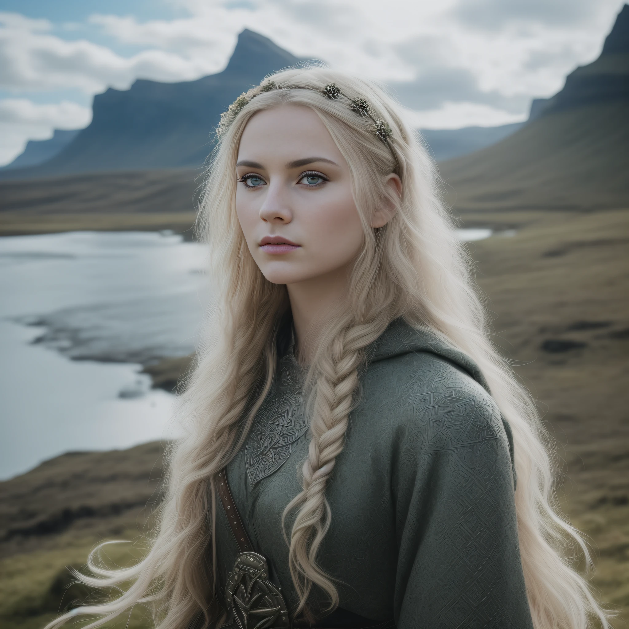 Image shows (a beautiful woman of Icelandic descent with Viking style). She has slightly reddish cheeks and (fierce eyes of bluish ice color with a subtle black outline). Her hair is blonde. (The model wears an elegant white transparent Celtic dress), with a wreath on her head. She is captured in an enhanced ESRGAN image with a realistic face (captured in a head-to-toe photo) that shows her youthful appearance at the age of 27. The image was captured using a Sigma 35mm f/1.4 Art lens in stunning detail at 8192 x 8192 pixels with High Dynamic Range to capture accurate color and detail. The model is in a green valley with mountains in the background, with a dramatic angle, illuminated by sunlight that creates shadows and reflections, and with a volumetric light effect adding depth to the image. The result is an image that highlights the fierce and powerful nature of a Viking woman with Icelandic heritage, portrayed with stunning detail and realism, (she is alone in the image), (the day is with cloudless blue sky), (Celtic festival scene)