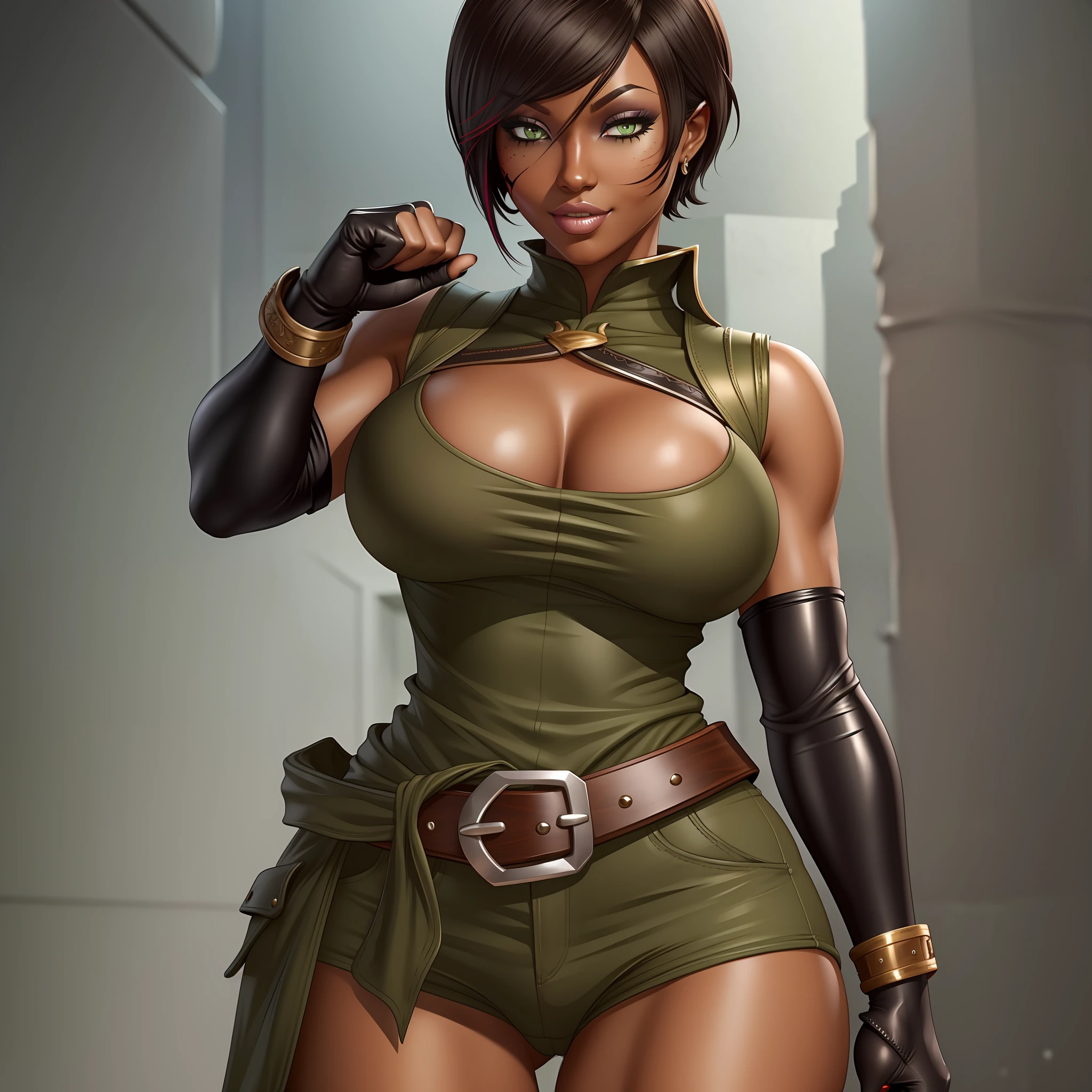 Ashelin, green eyes, dark skin, facial mark, red makeup, large breasts, short hair, standing, close up, smug expression, fists up, Solo, 
Aclothes, black gloves, belt, boots, pants
(insanely detailed, beautiful detailed face, masterpiece, best quality)