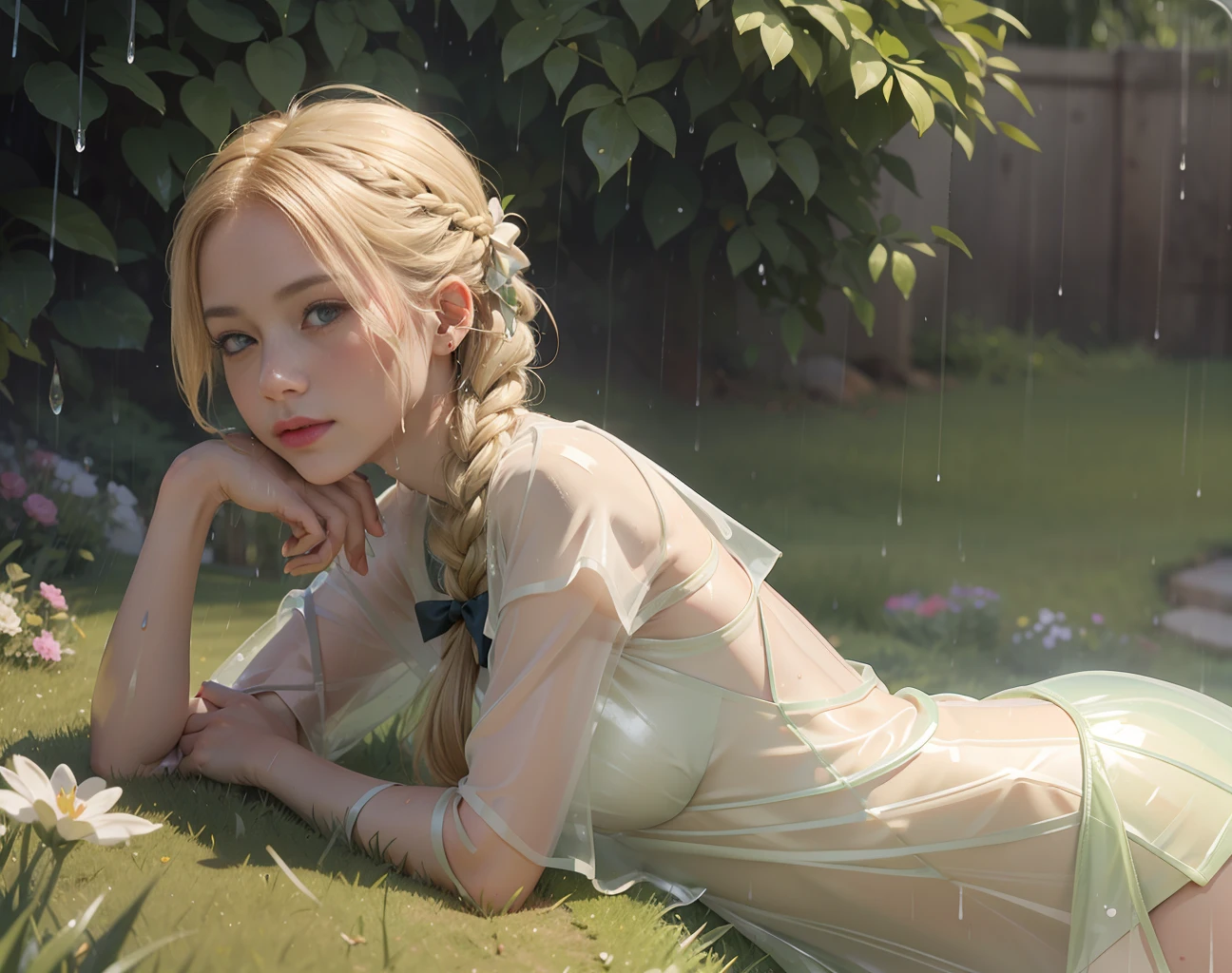118 year old blonde full body profile angle lying face down on garden grass ((wet in rain with transparent dress)) reading book, side angle,with arms creased in grass,with braids in hair,bow in hair 8k raw ultra realistic, perfect