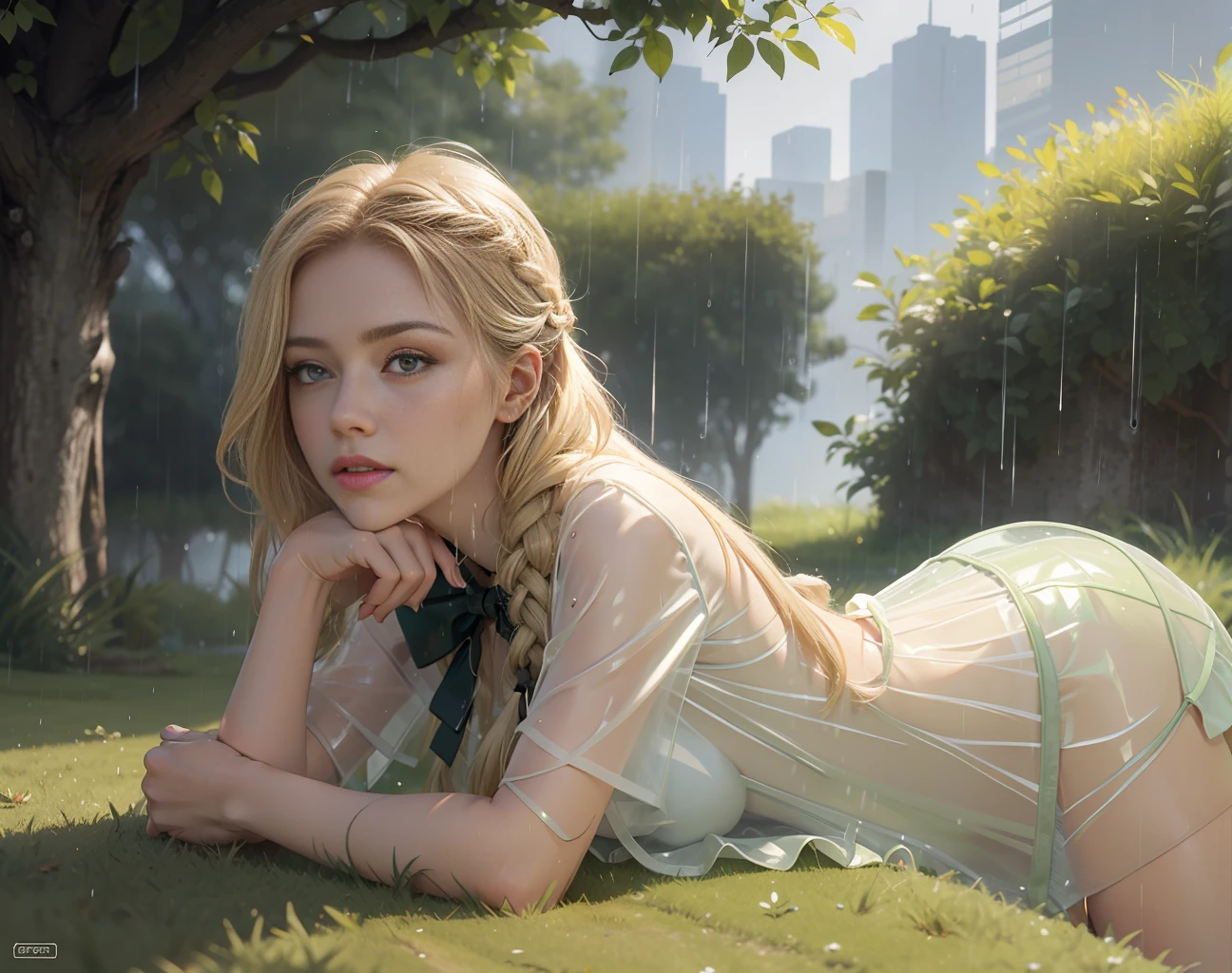 118 year old blonde full body profile angle lying face down on garden grass ((wet in rain with transparent dress)) reading book, side angle,with arms creased in grass,with braids in hair,bow in hair 8k raw ultra realistic, perfect