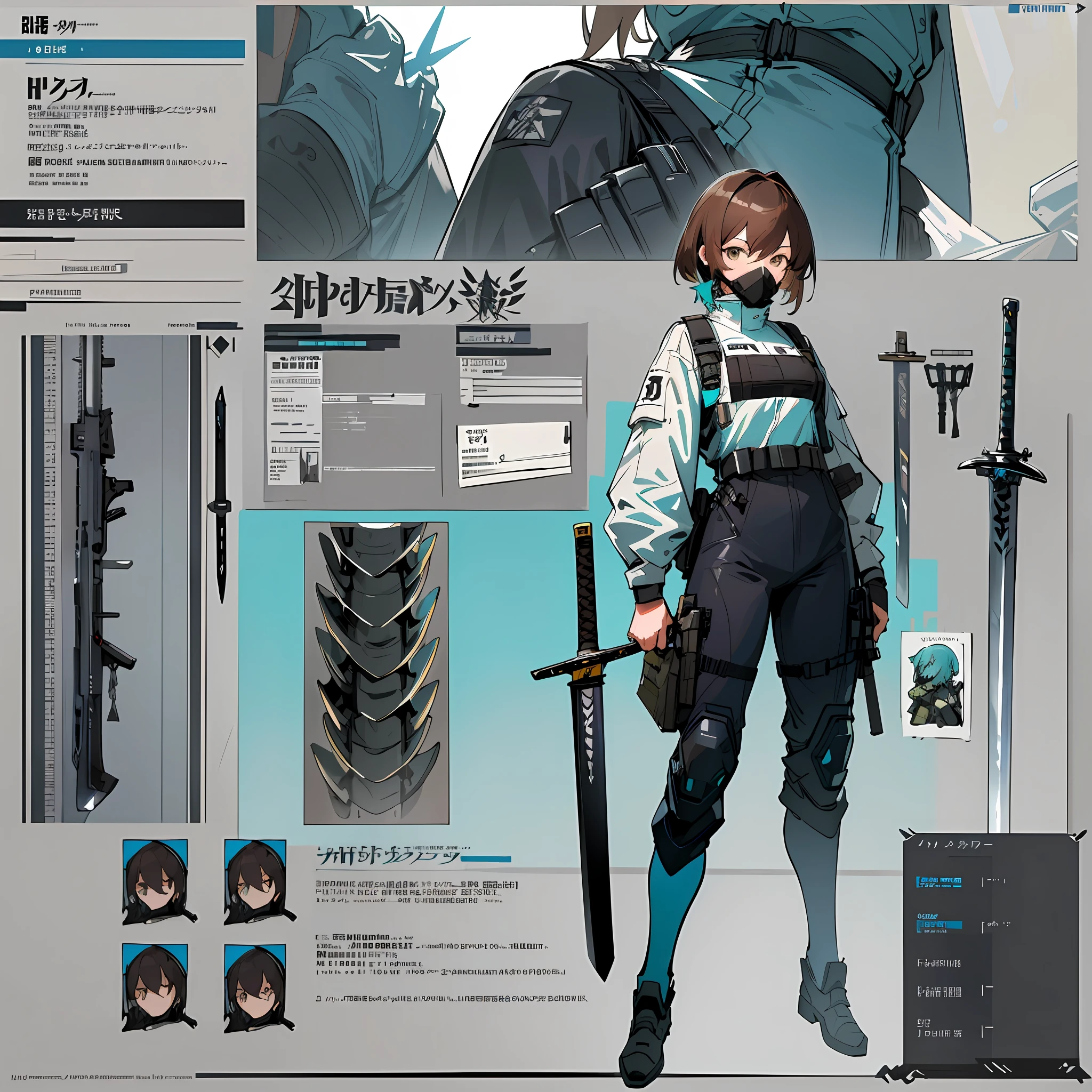 ((masterpiece)), (ultra detailed), (best quality), detailed background, (Arknights style), (concept art, character sheet), (adult woman, tall, muscular body, dark brown hair, short hair), (hazardous materials suit, tactical vest, tactical face mask, blue glasses, respirator), (cyan light reflective patch on chest), (hand sword, long sword, detailed sword), (realistic detailed equipment))