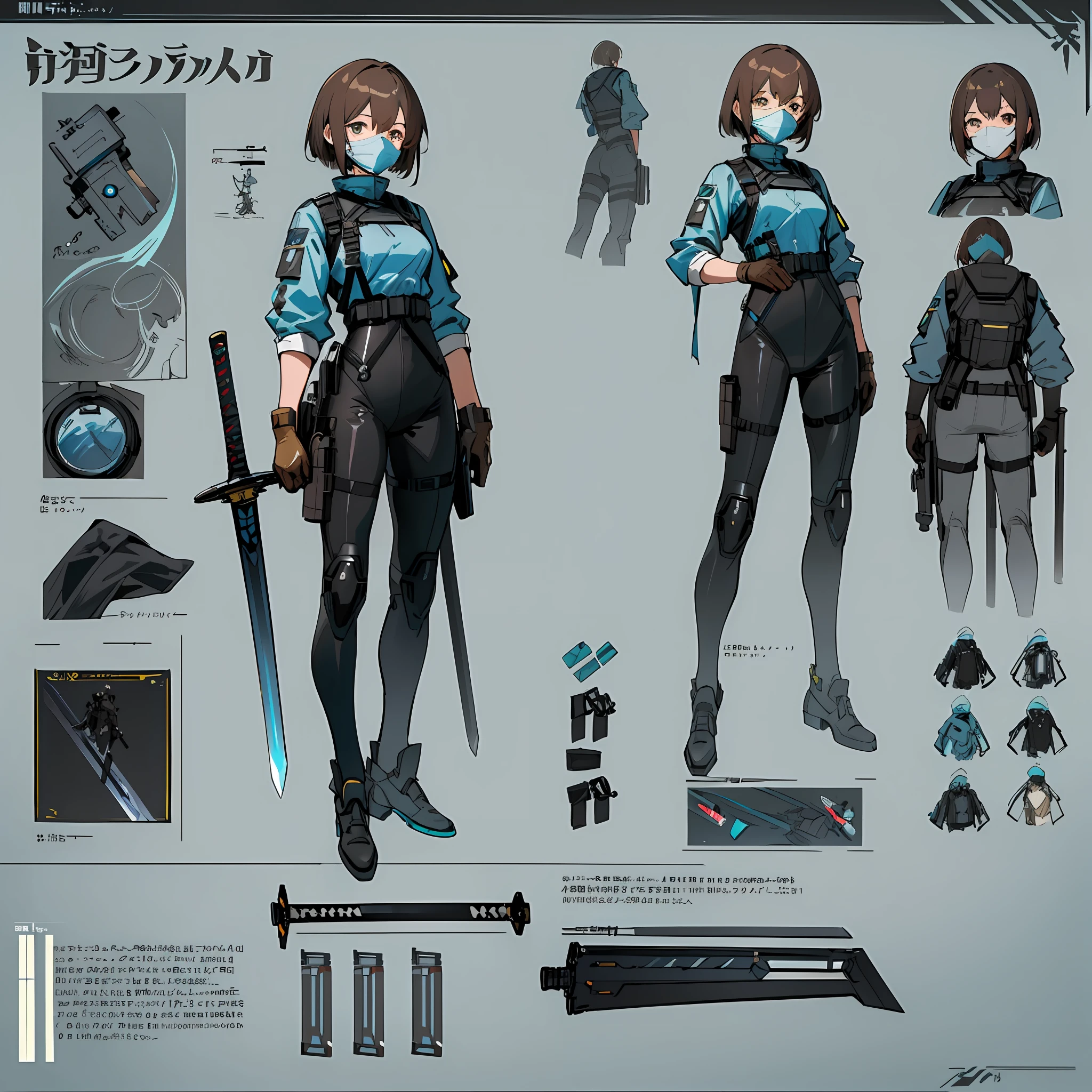 ((masterpiece)), (ultra detailed), (best quality), detailed background, (Arknights style), (concept art, character sheet), (adult woman, tall, muscular body, dark brown hair, short hair), (hazardous materials suit, tactical vest, tactical face mask, blue glasses, respirator), (cyan light reflective patch on chest), (hand sword, long sword, detailed sword), (realistic detailed equipment))