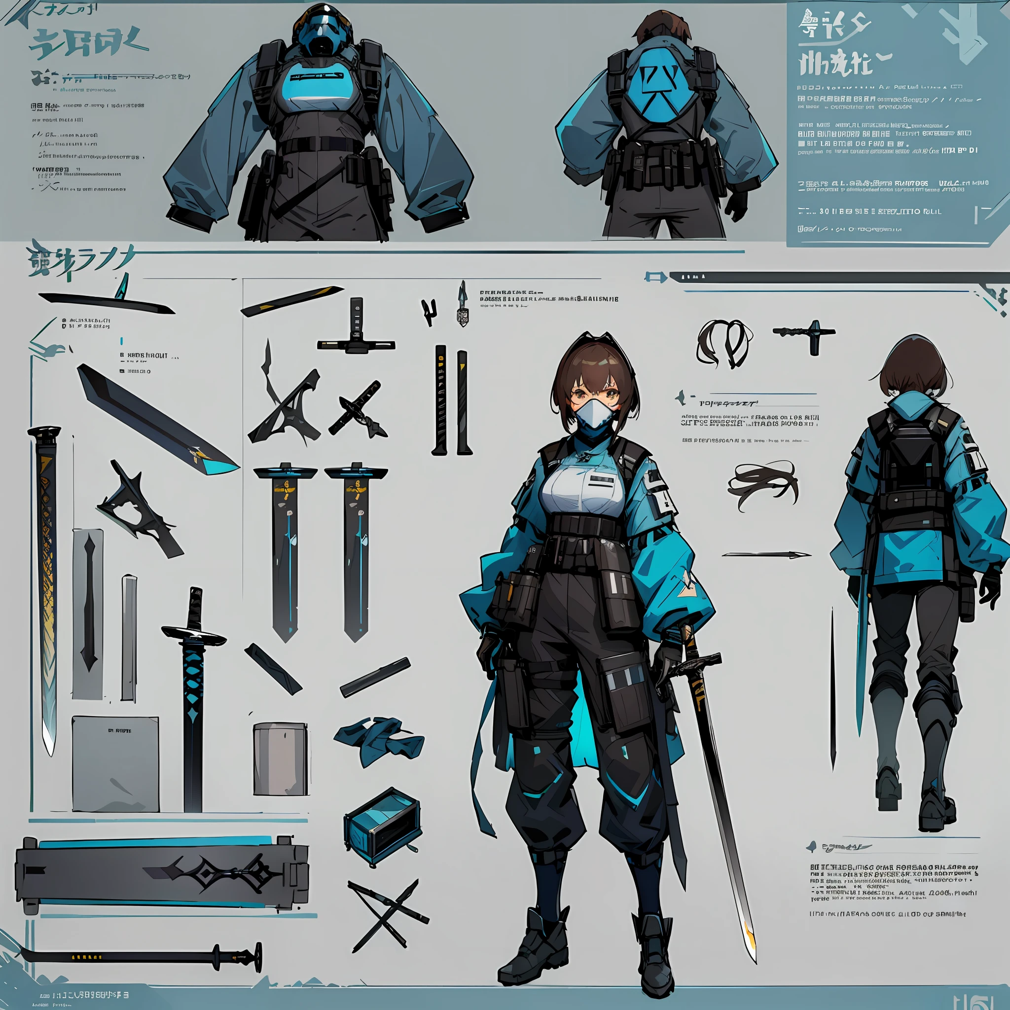 ((masterpiece)), (ultra detailed), (best quality), detailed background, (Arknights style), (concept art, character sheet), (adult woman, tall, muscular body, dark brown hair, short hair), (hazardous materials suit, tactical vest, tactical face mask, blue glasses, respirator), (cyan light reflective patch on chest), (hand sword, long sword, detailed sword), (realistic detailed equipment))