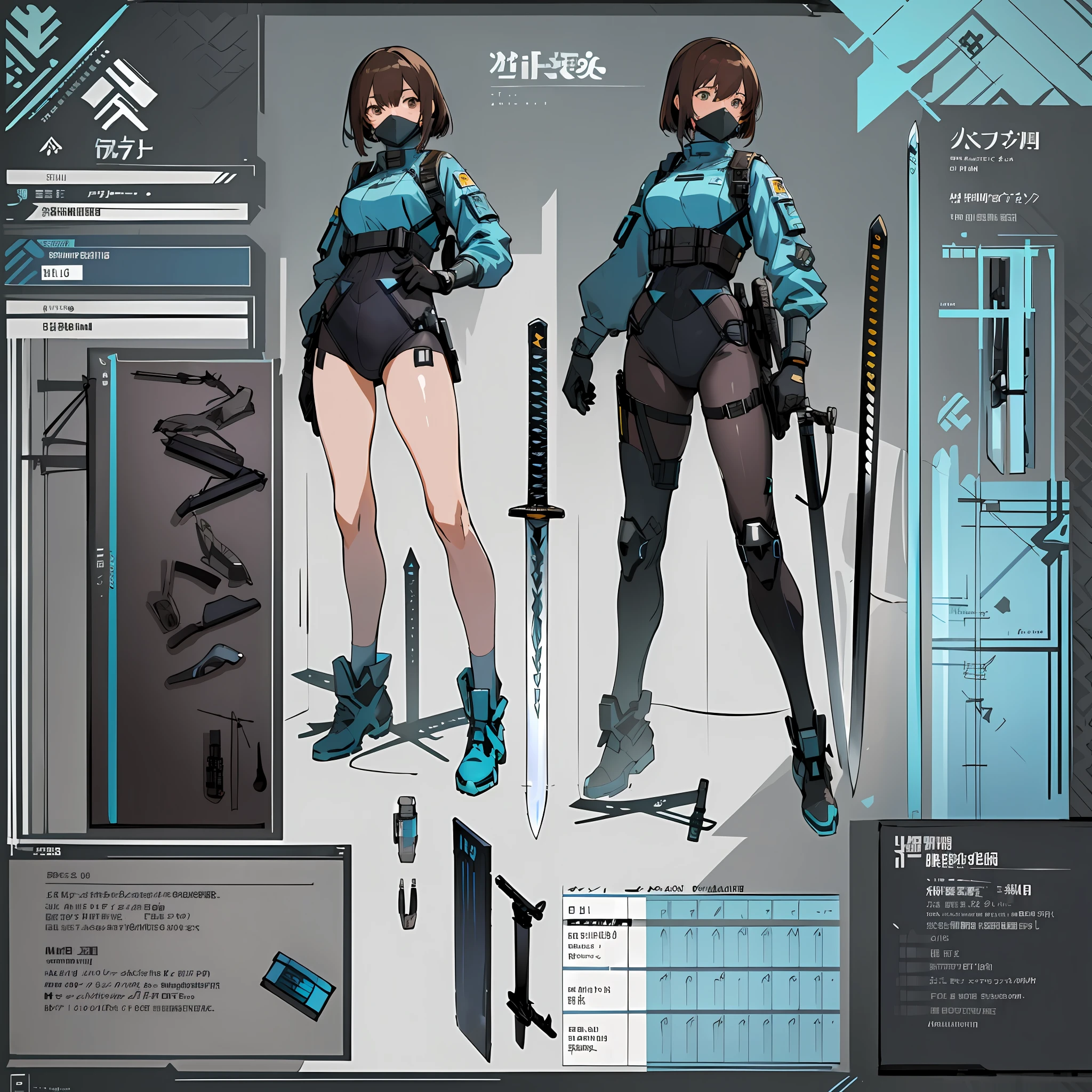 ((masterpiece)), (ultra detailed), (best quality), detailed background, (Arknights style), (concept art, character sheet), (adult woman, tall, muscular body, dark brown hair, short hair), (hazardous materials suit, tactical vest, tactical face mask, blue glasses, respirator), (cyan light reflective patch on chest), (hand sword, long sword, detailed sword), (realistic detailed equipment))